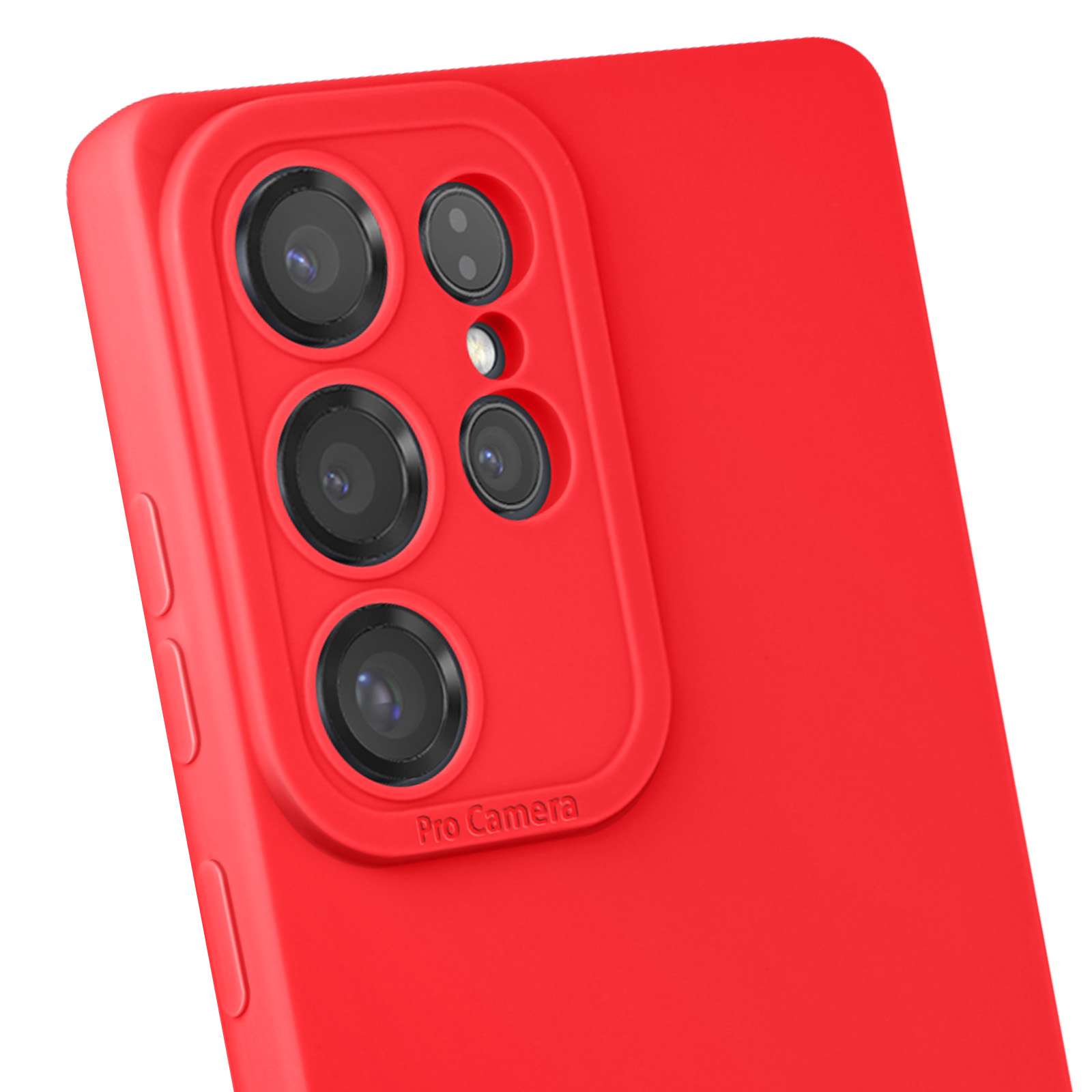 Primo piano di una custodia rossa per telefono con rigonfiamento per la fotocamera e le parole 'Pro Camera'.