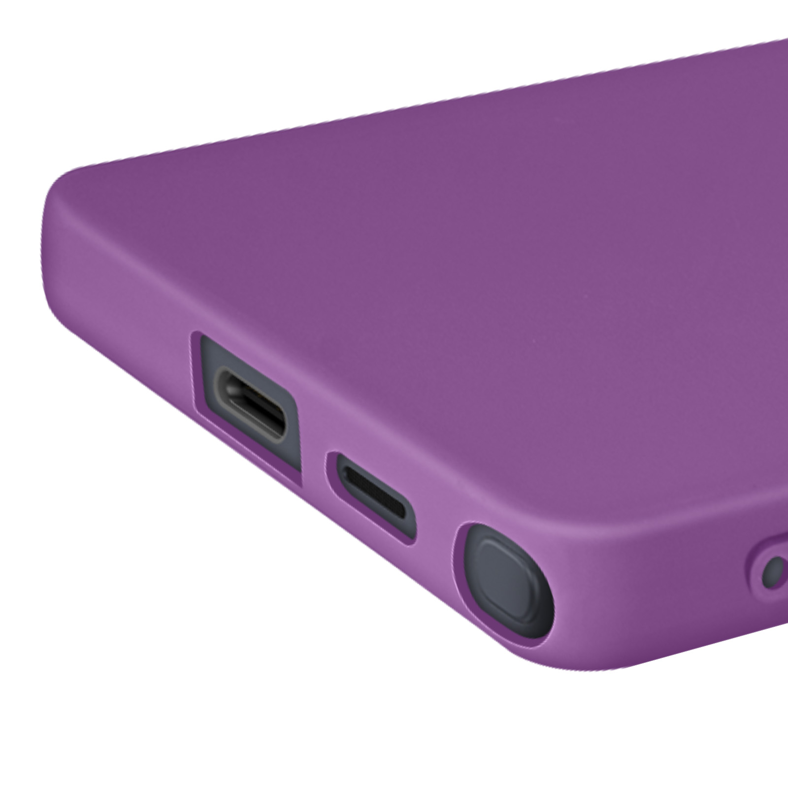 Primo piano di una custodia viola per telefono con porte di ricarica e altoparlante.