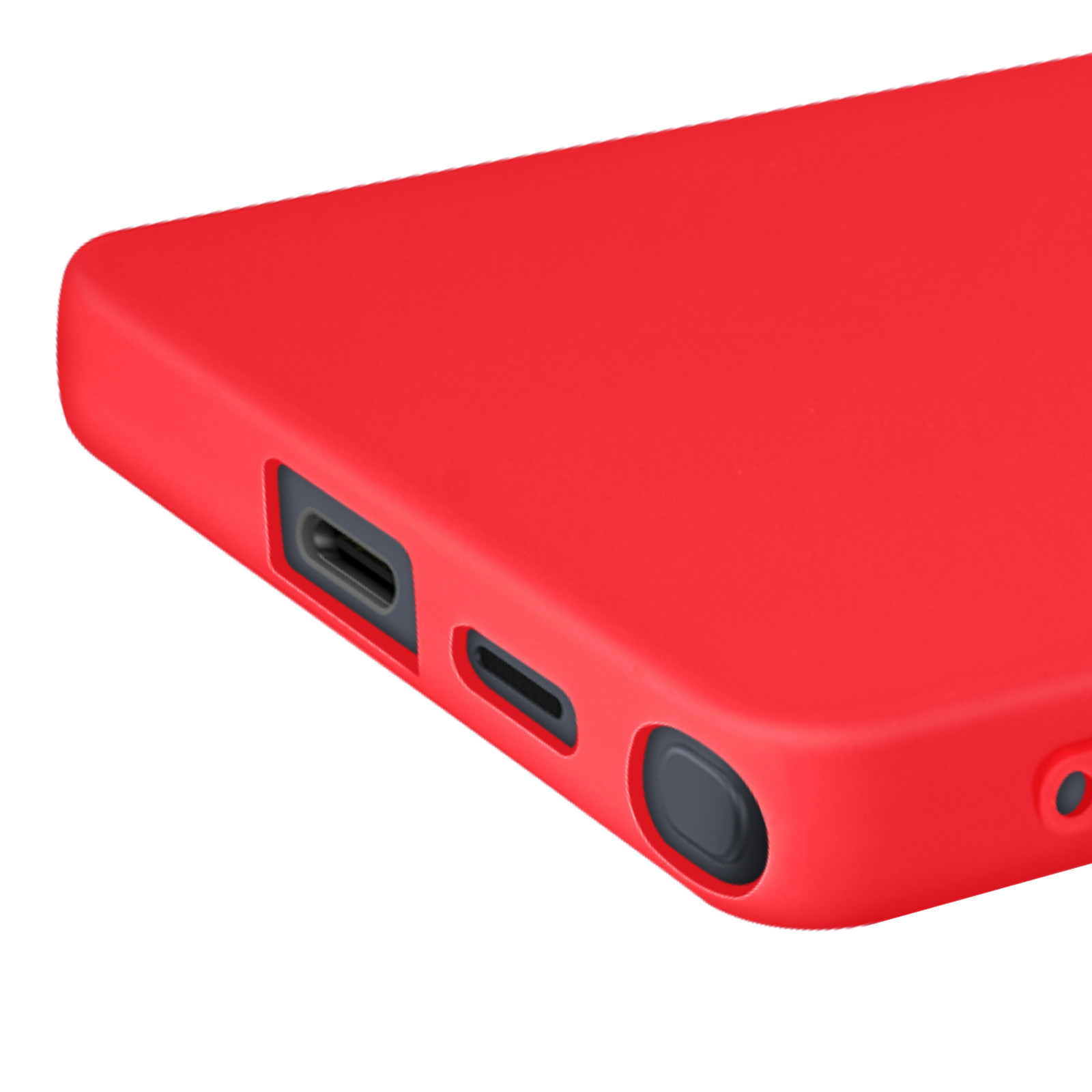 Custodia rossa per telefono con porte di ricarica e altoparlante. Il telefono non è visibile.