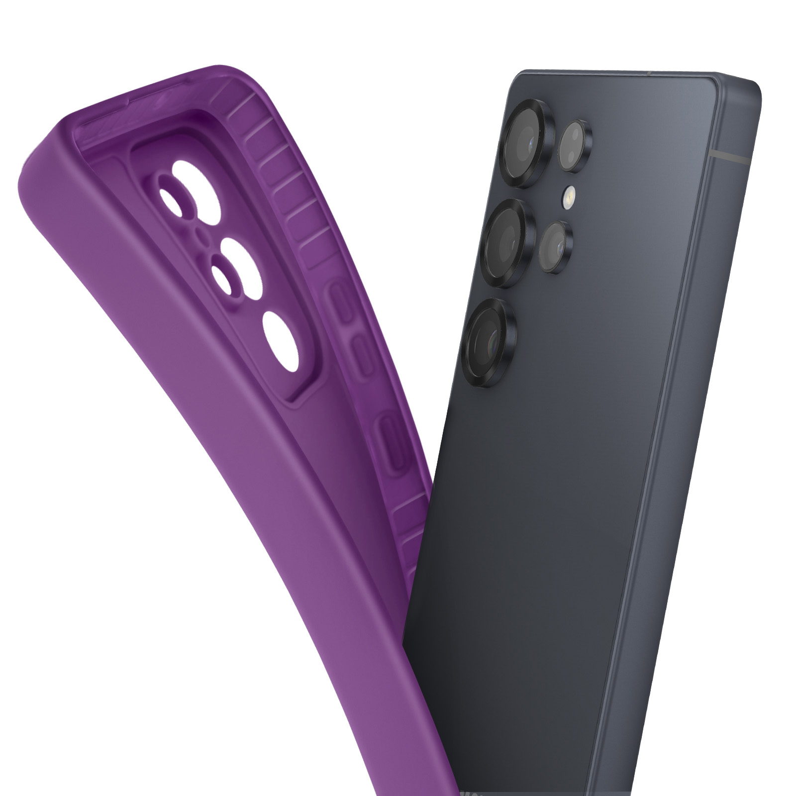 Custodia viola per telefono con telefono con lenti della fotocamera. Il telefono è nero.