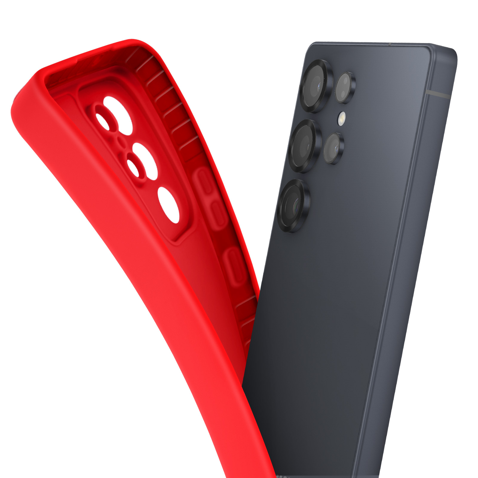 Custodia rossa per telefono con telefono con lenti della fotocamera. Il telefono è nero.