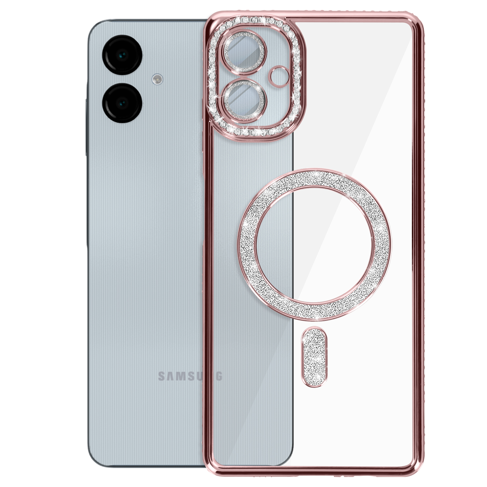 Telefono con retro argento e custodia trasparente, bordi oro rosa, strass. Logo Samsung visibile.