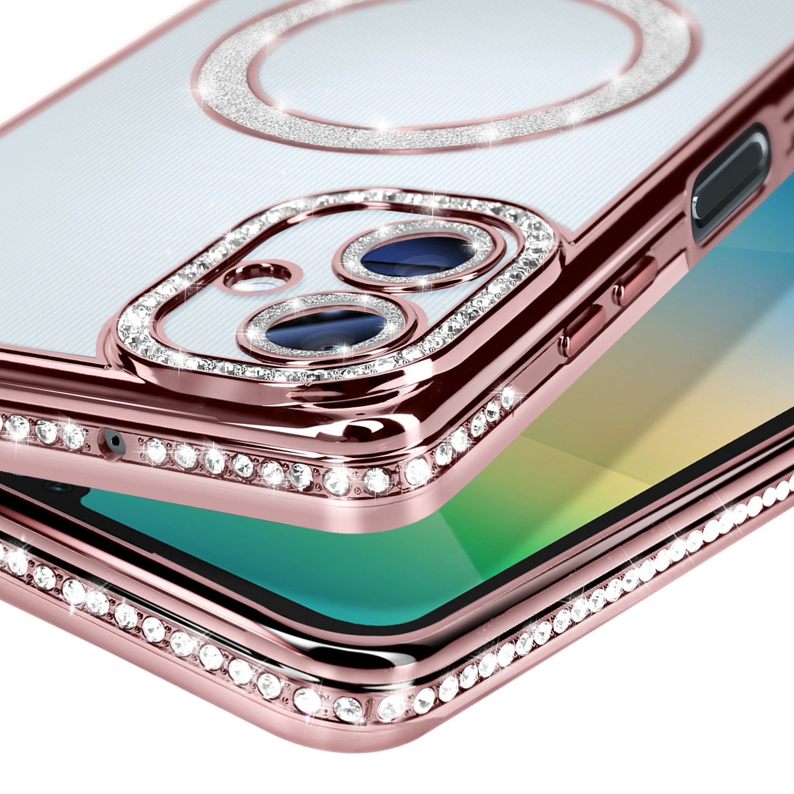 Primo piano della custodia del telefono, bordi oro rosa, strass, retro trasparente. Telefono visibile, vista dall'alto.