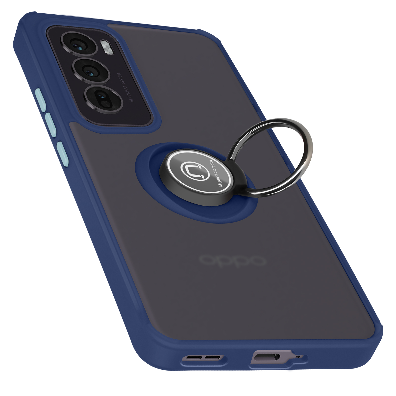 Custodia per telefono blu e grigia con supporto ad anello. Il telefono è angolato, mostra retro e lati.