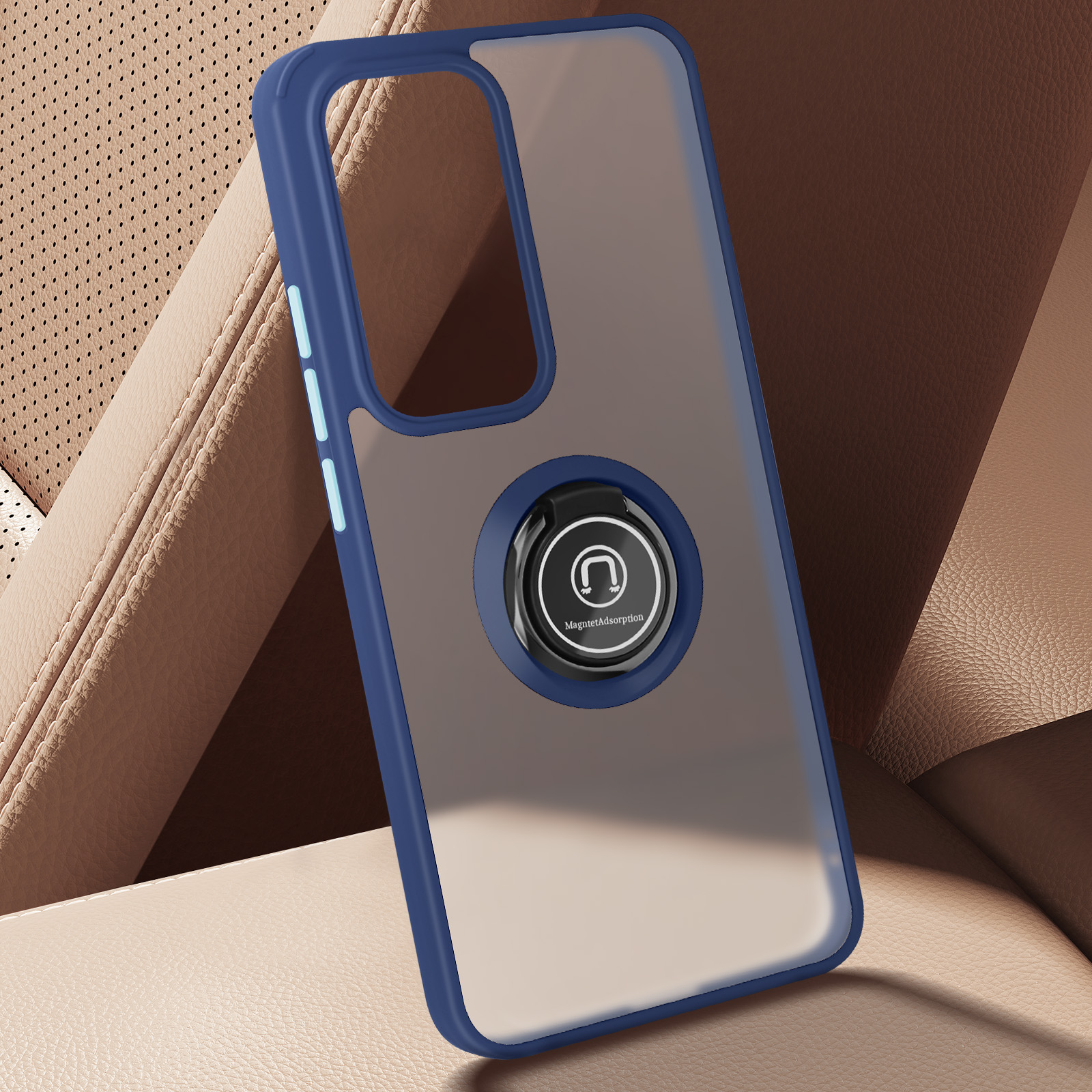 Custodia per telefono blu con supporto ad anello. La custodia è su un telefono, su un sedile in pelle.