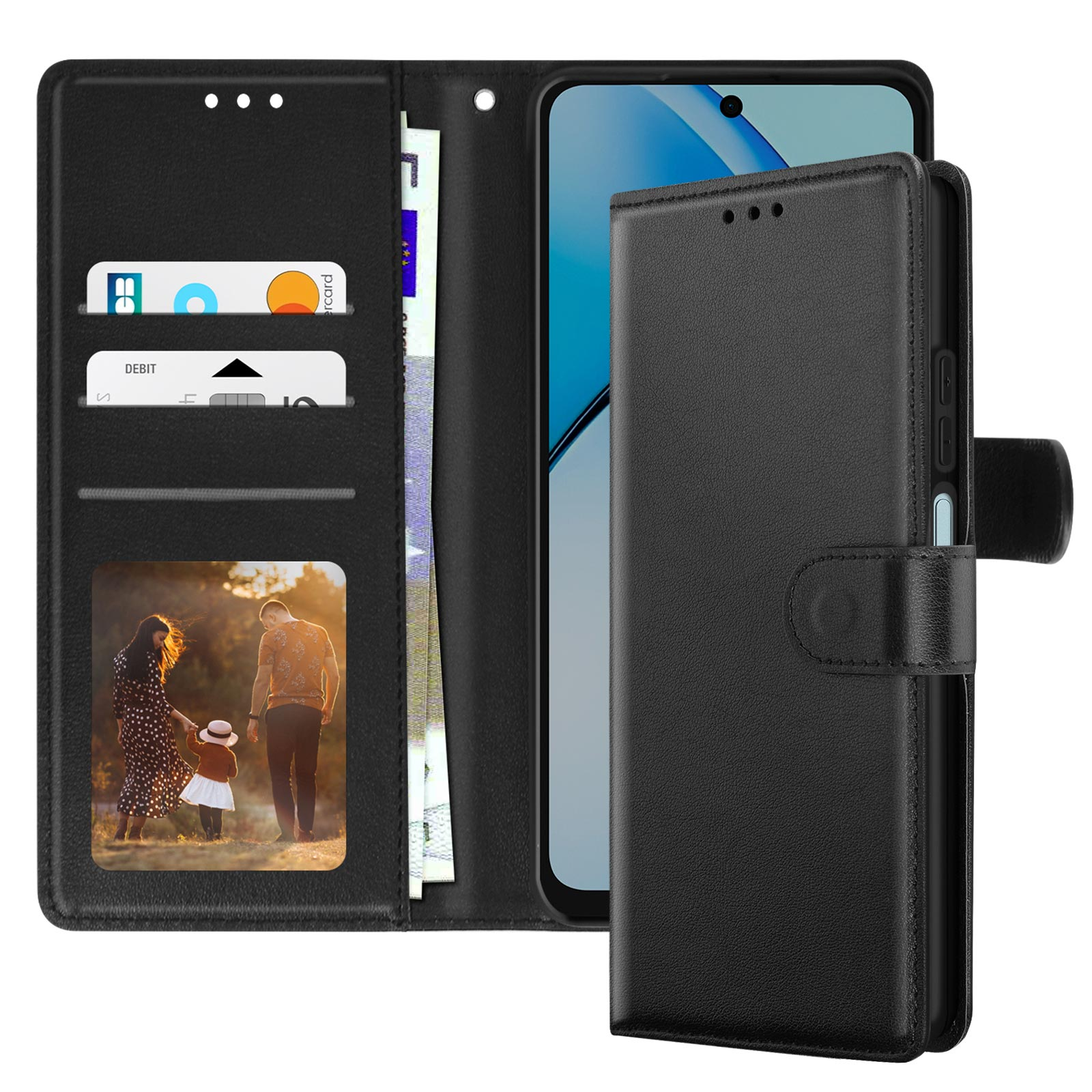 Custodia per telefono nera con carte e denaro. C'è una foto di una famiglia nella custodia.