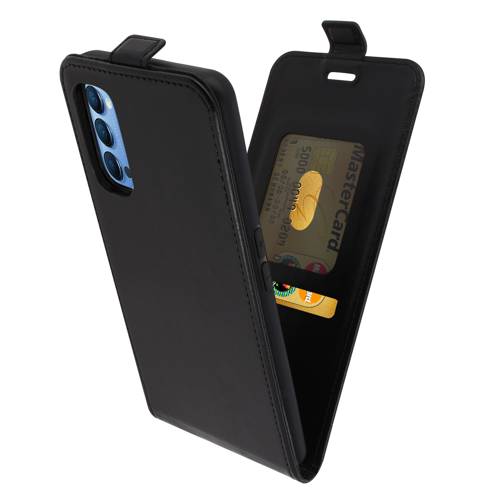Custodia per telefono nera aperta con telefono e carte all'interno. MasterCard e carta di debito visibili.