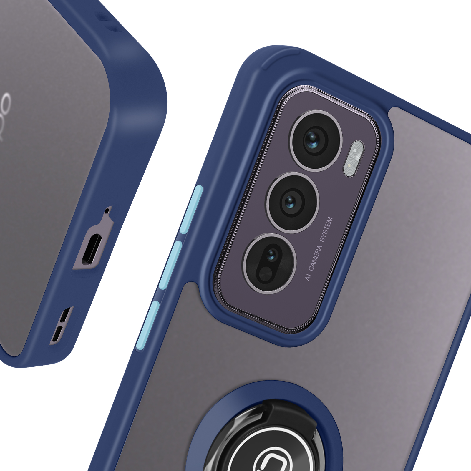 Primo piano della custodia del telefono con bordi blu, retro trasparente e anello di supporto. Il telefono è visibile.
