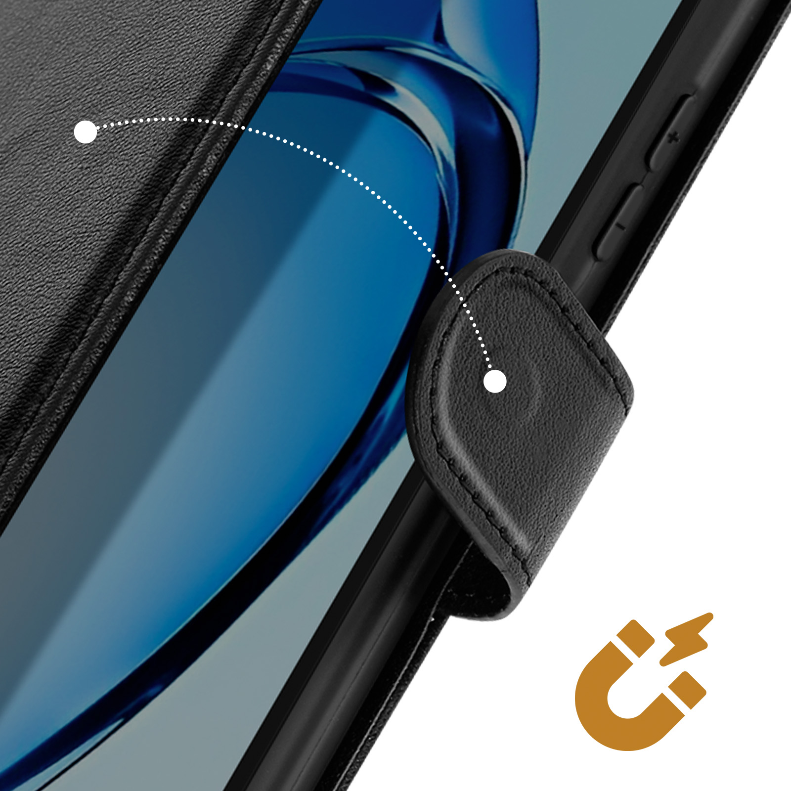 Custodia per telefono nera con chiusura magnetica. Lo schermo del telefono è blu.