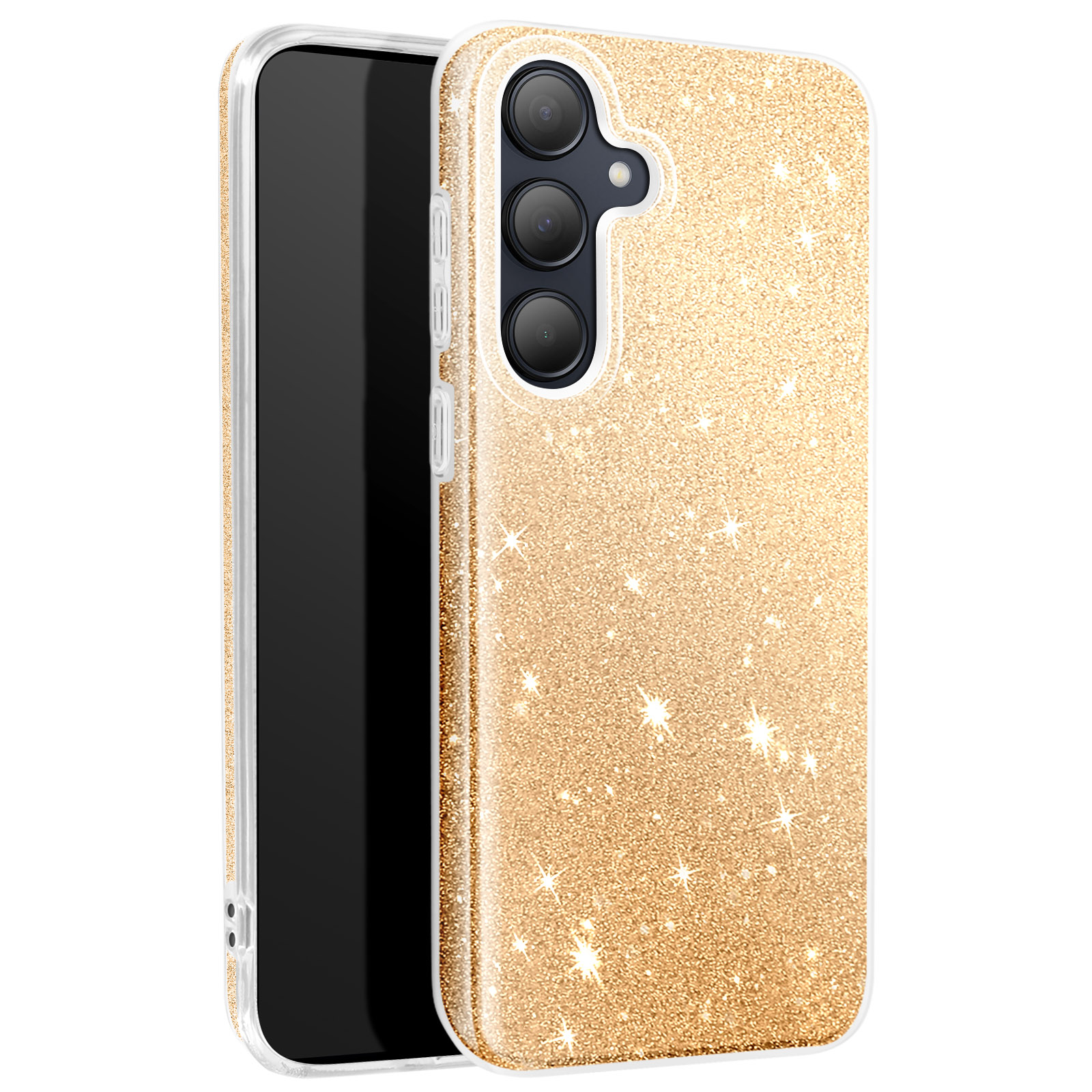Custodia per telefono con glitter dorati e tre obiettivi. Bordo trasparente attorno al telefono.