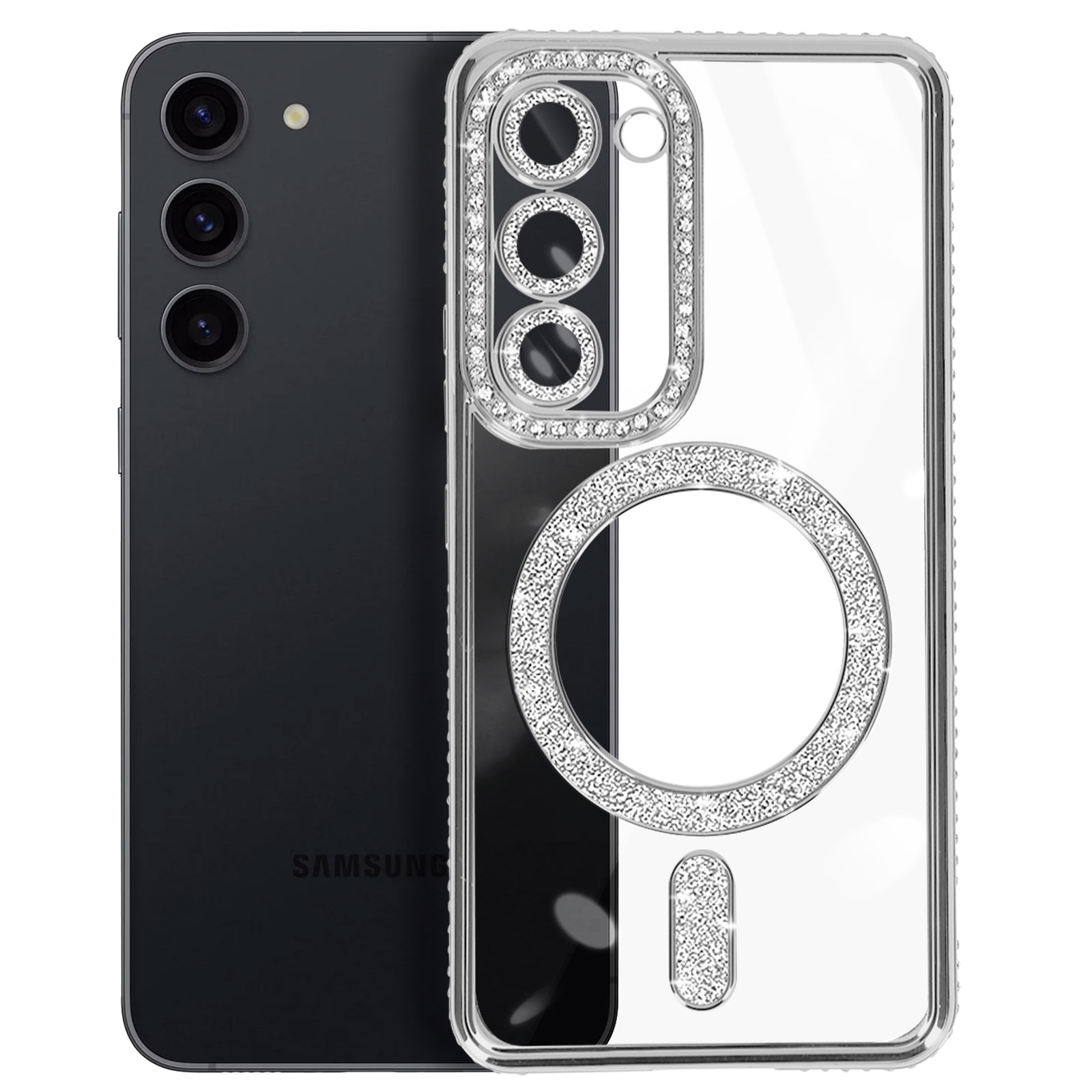 Telefono nero con custodia con dettagli di diamanti. Dettagli circolari trasparenti sulla custodia.