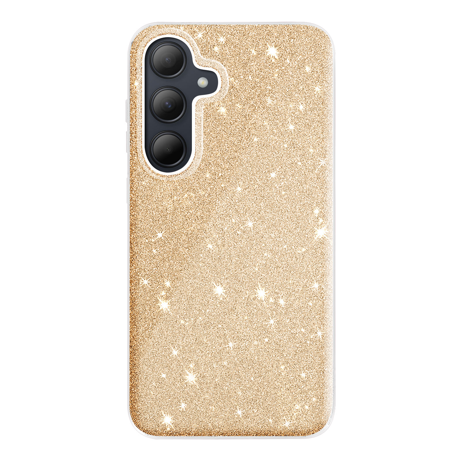 Custodia per telefono con glitter dorati e triplo obiettivo. Sfondo bianco.
