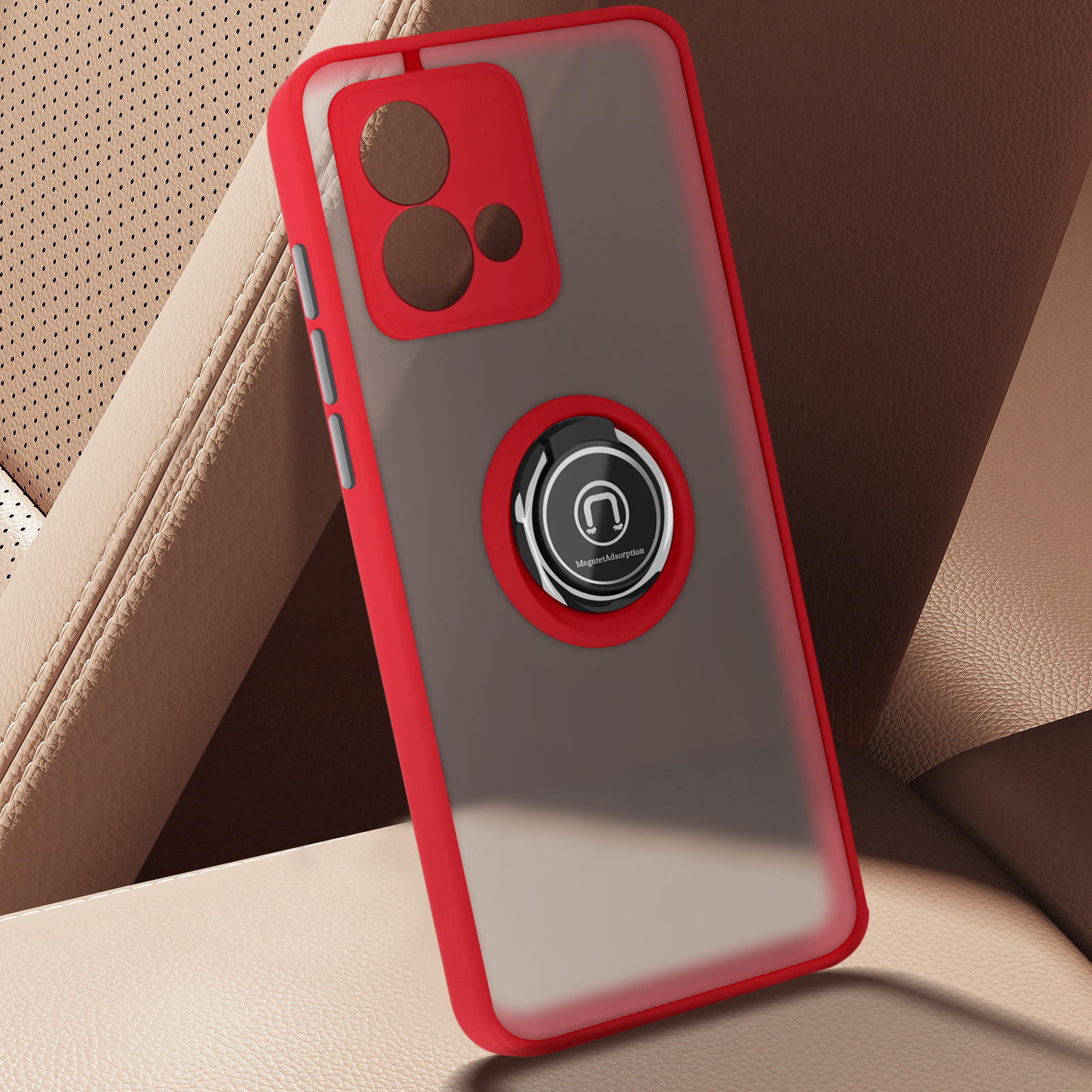 Custodia per telefono rossa con supporto ad anello. La custodia è su un telefono, mostrando il retro e l'anello.