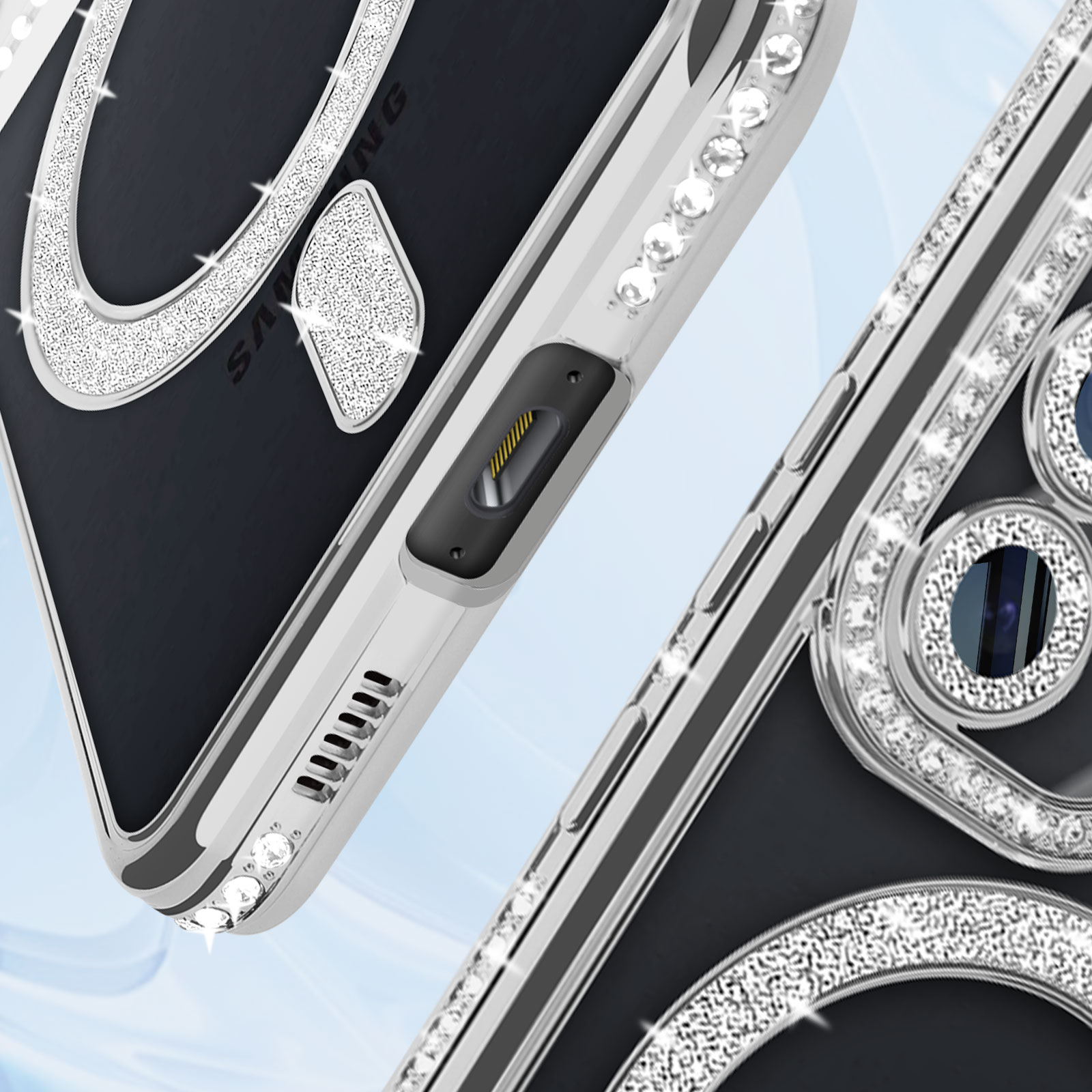 Primo piano di una custodia per telefono con dettagli di diamanti. Tasti e porte visibili.