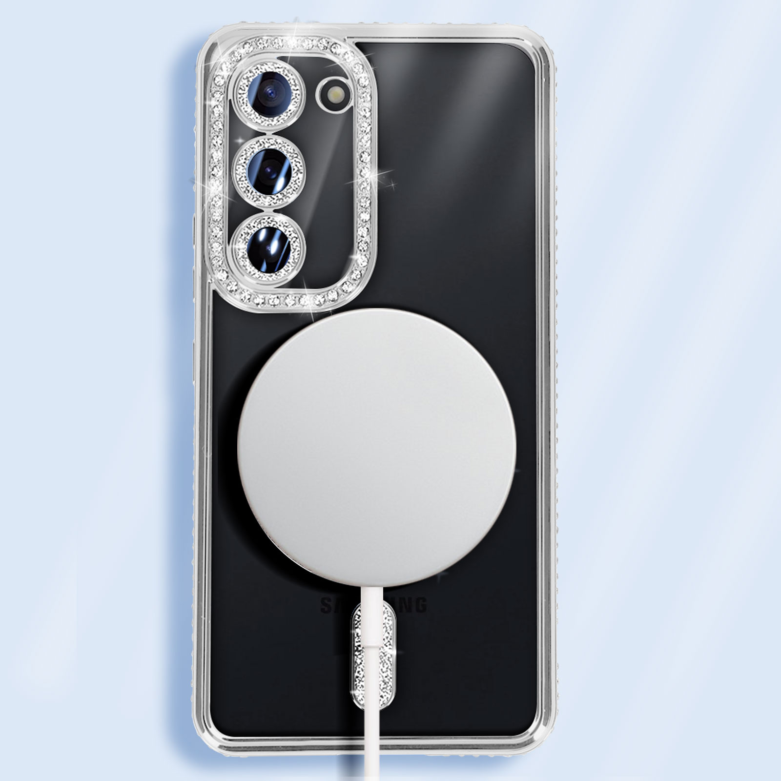 Custodia per telefono con porta di ricarica e magnete per la ricarica wireless. Cavo bianco.