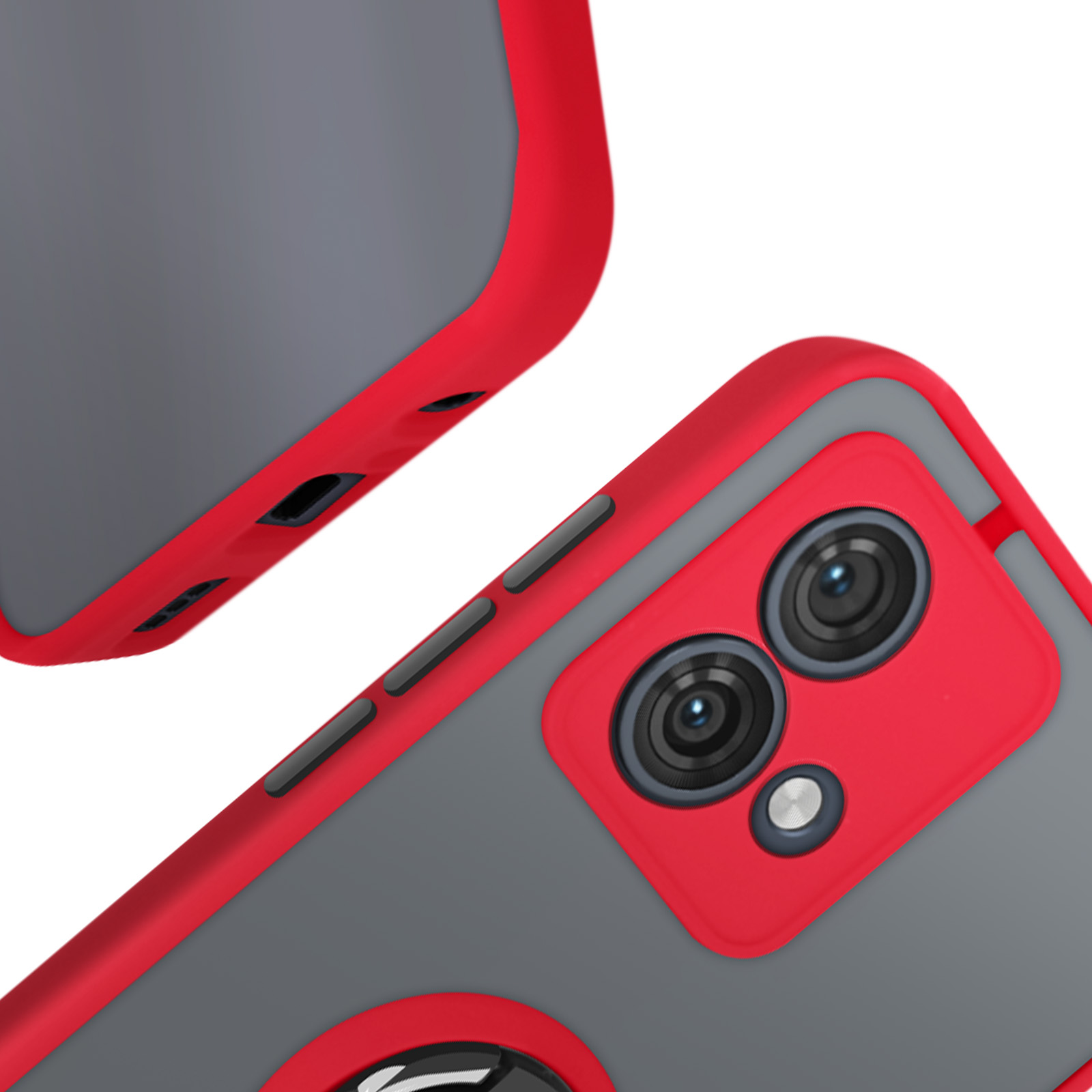 Primo piano di una custodia per telefono. È grigia con una cornice rossa, con lenti della fotocamera visibili.
