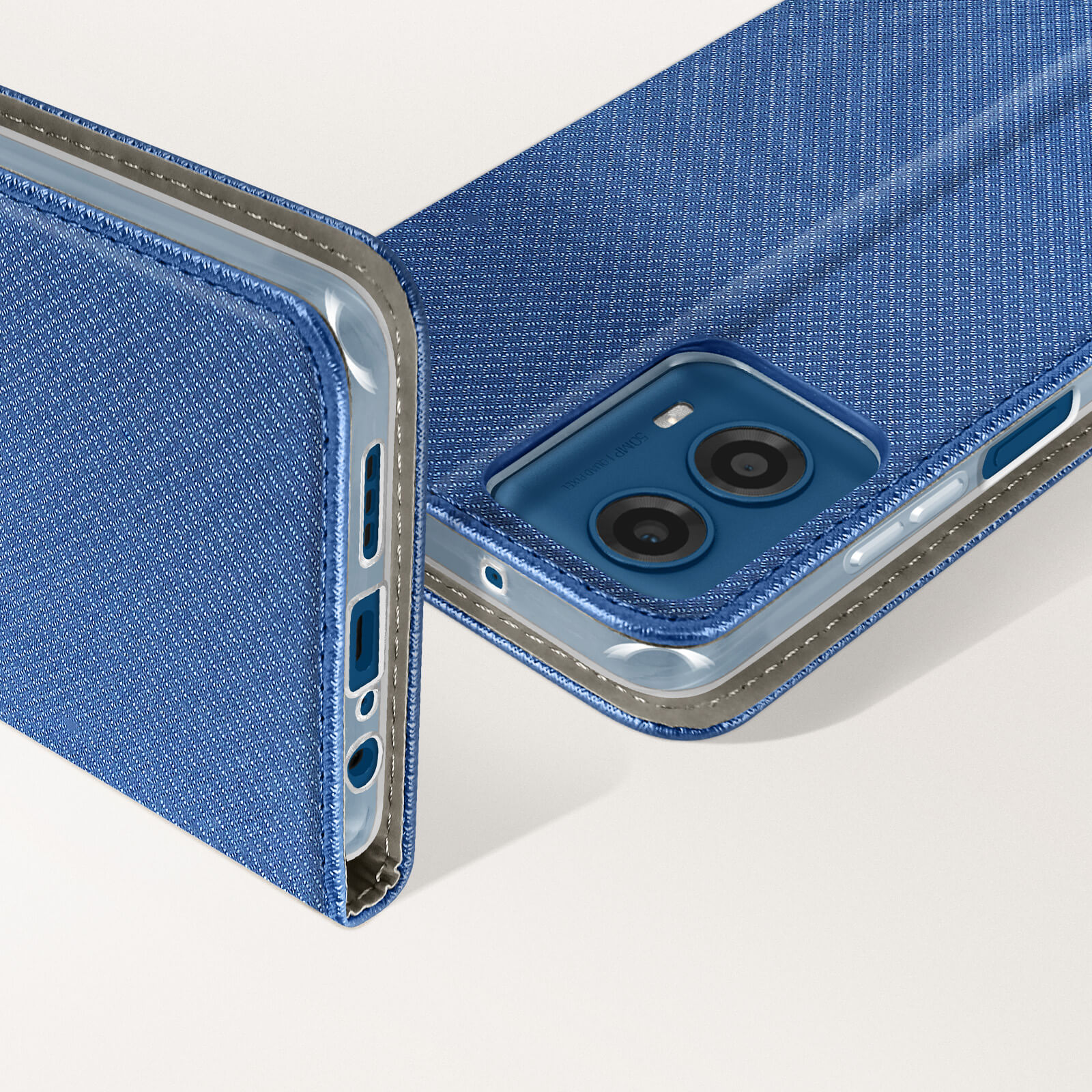 Custodia blu per telefono con telefono blu. Primo piano. Il telefono è visibile.