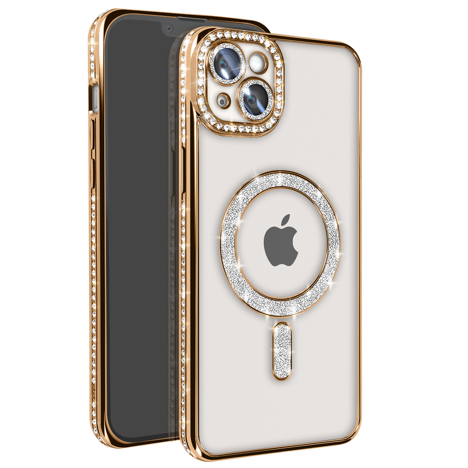 Custodia dorata per telefono con diamanti. Telefono dentro. Anello di diamanti attorno alla fotocamera.