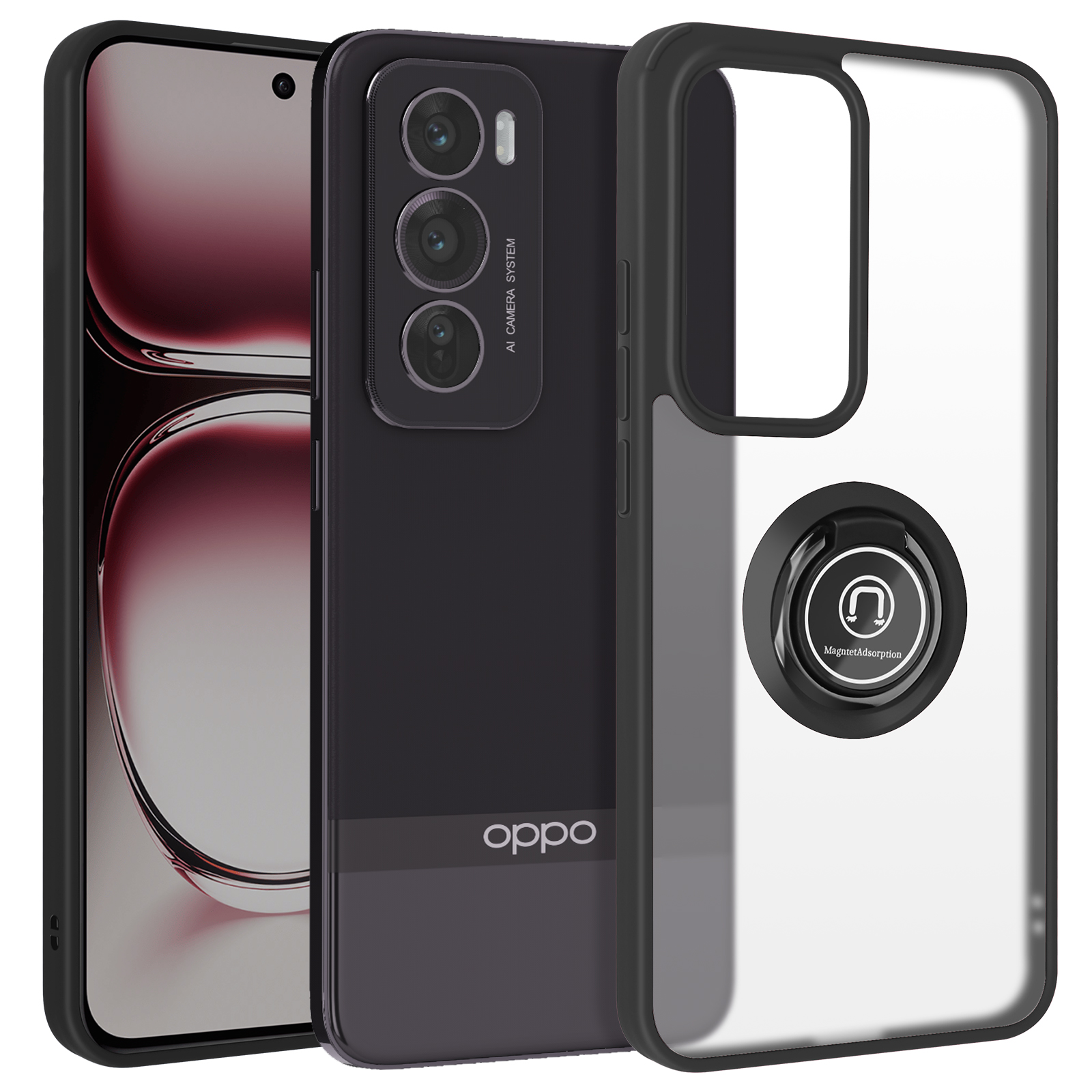 Téléphone noir avec coque noire. Coque transparente avec anneau. Dos visible.
