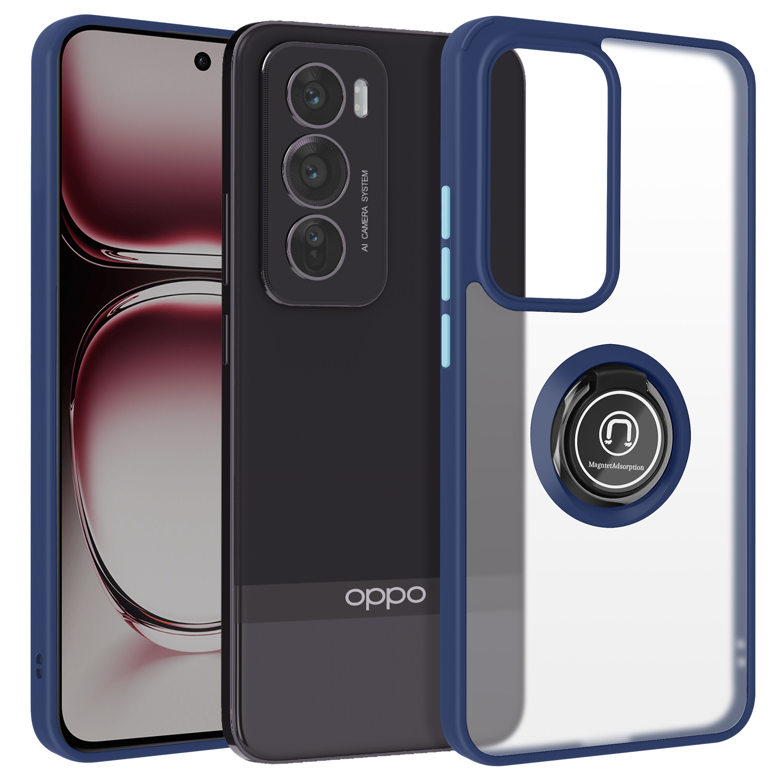 Zwarte telefoon in blauwe hoes. Transparante achterkant met ring. Zwart camerasysteem.