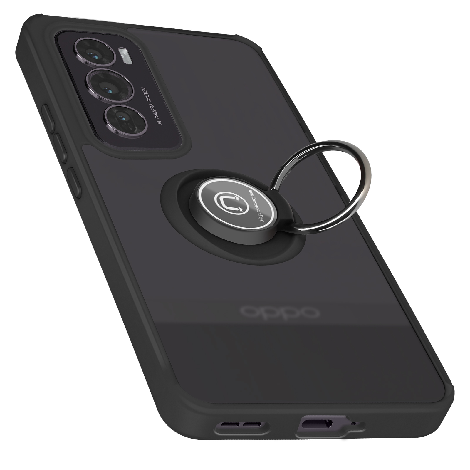 Coque de téléphone noire avec une poignée en anneau argentée attachée.