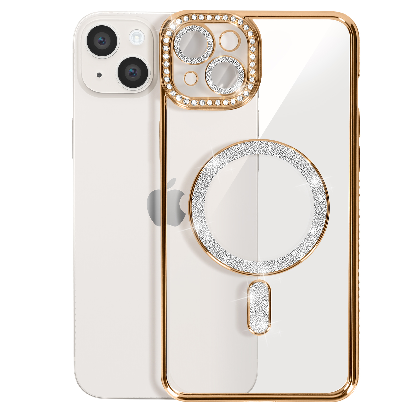 Telefono bianco con custodia di diamanti. Anello di diamanti attorno alla fotocamera. Logo Apple.