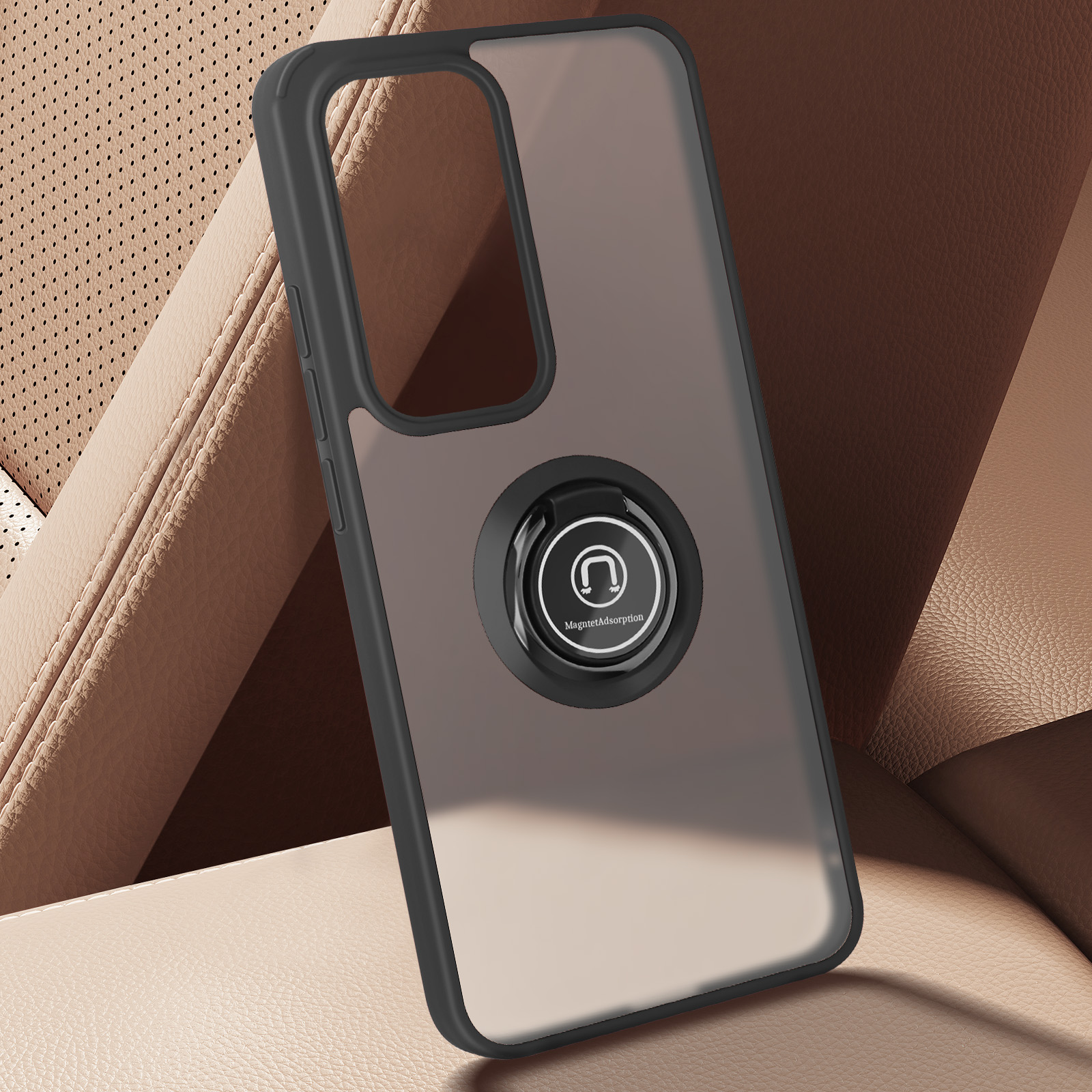 Coque de téléphone, noire et transparente, avec prise en anneau argentée, sur beige.