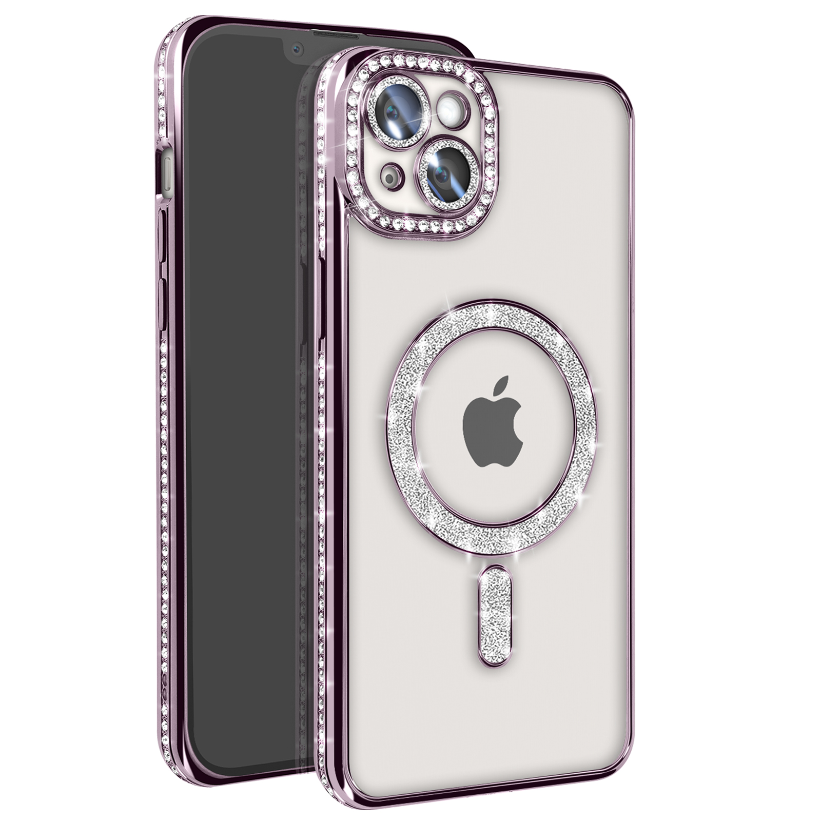 Un telefono in una custodia rosa con un design scintillante.