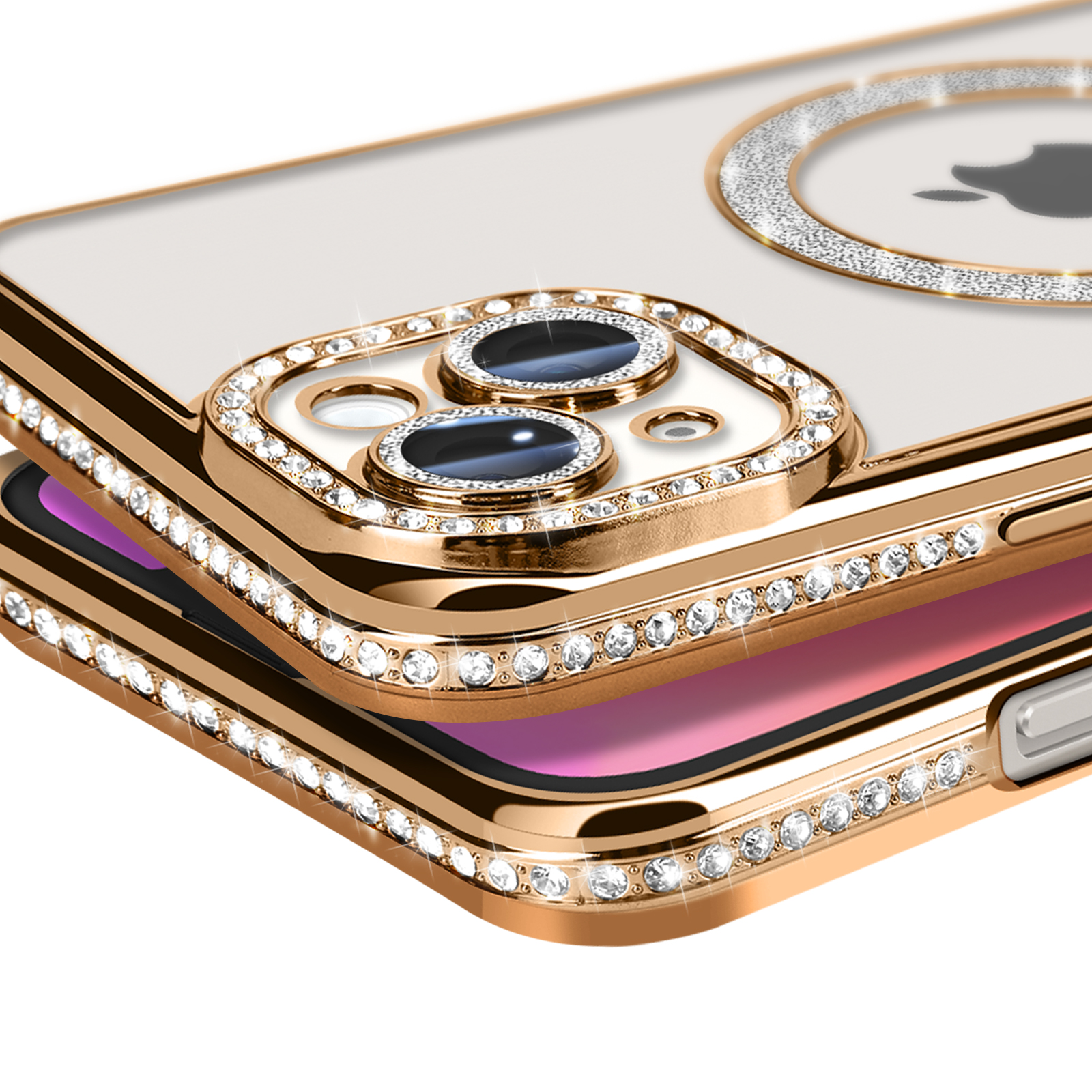 Custodia dorata per telefono con diamanti. Telefono dentro. Cornice e anello di diamanti.