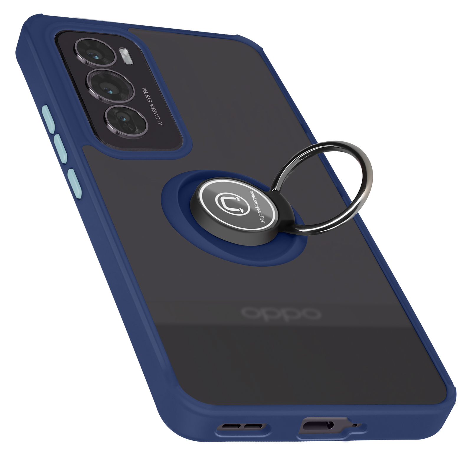 Blauwe telefoonhoes met ring. Telefoon erin. Transparante achterkant. Oppo logo zichtbaar.