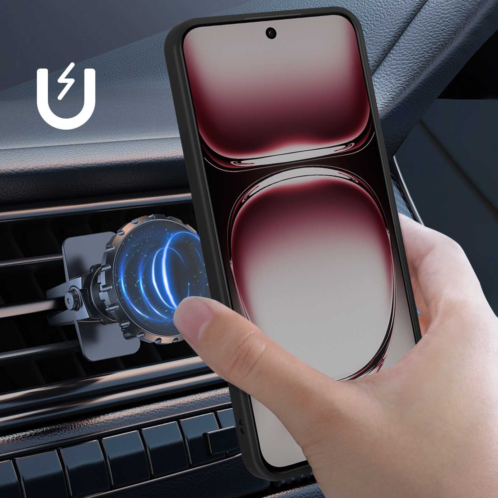 Un téléphone connecté à un support de voiture magnétique.
