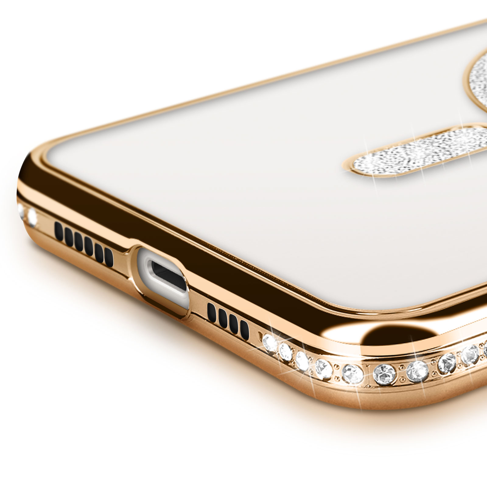 Primo piano di una custodia per telefono con bordo dorato e strass.