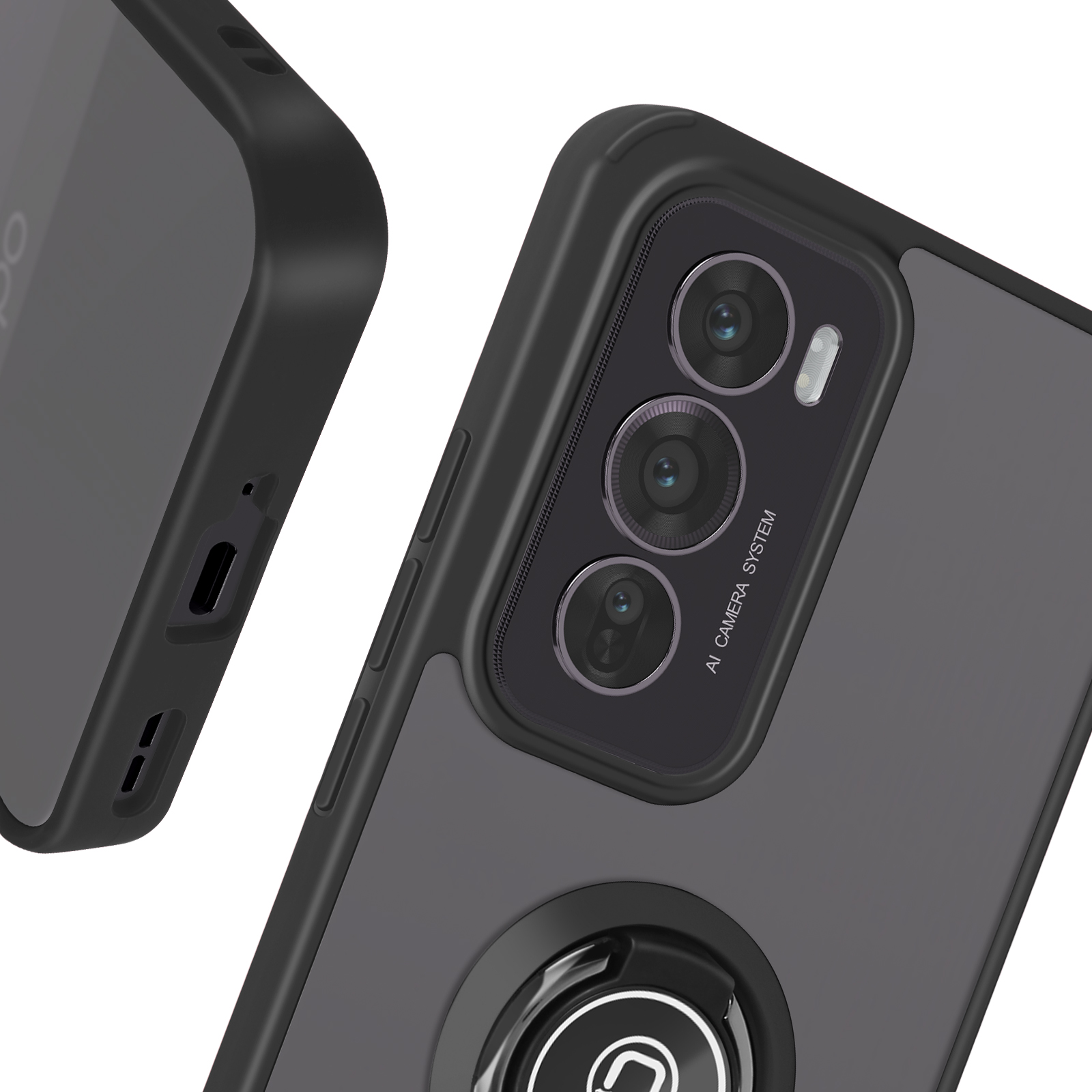 Gros plan d'une coque de téléphone avec un anneau. Design noir et gris.