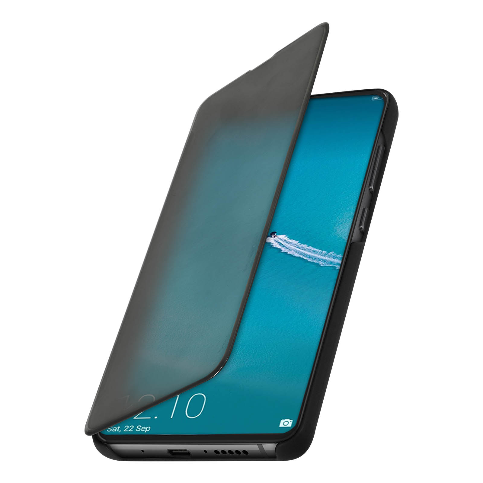 Telefono con custodia nera aperta. Lo schermo mostra data e ora, e una barca sull'acqua.