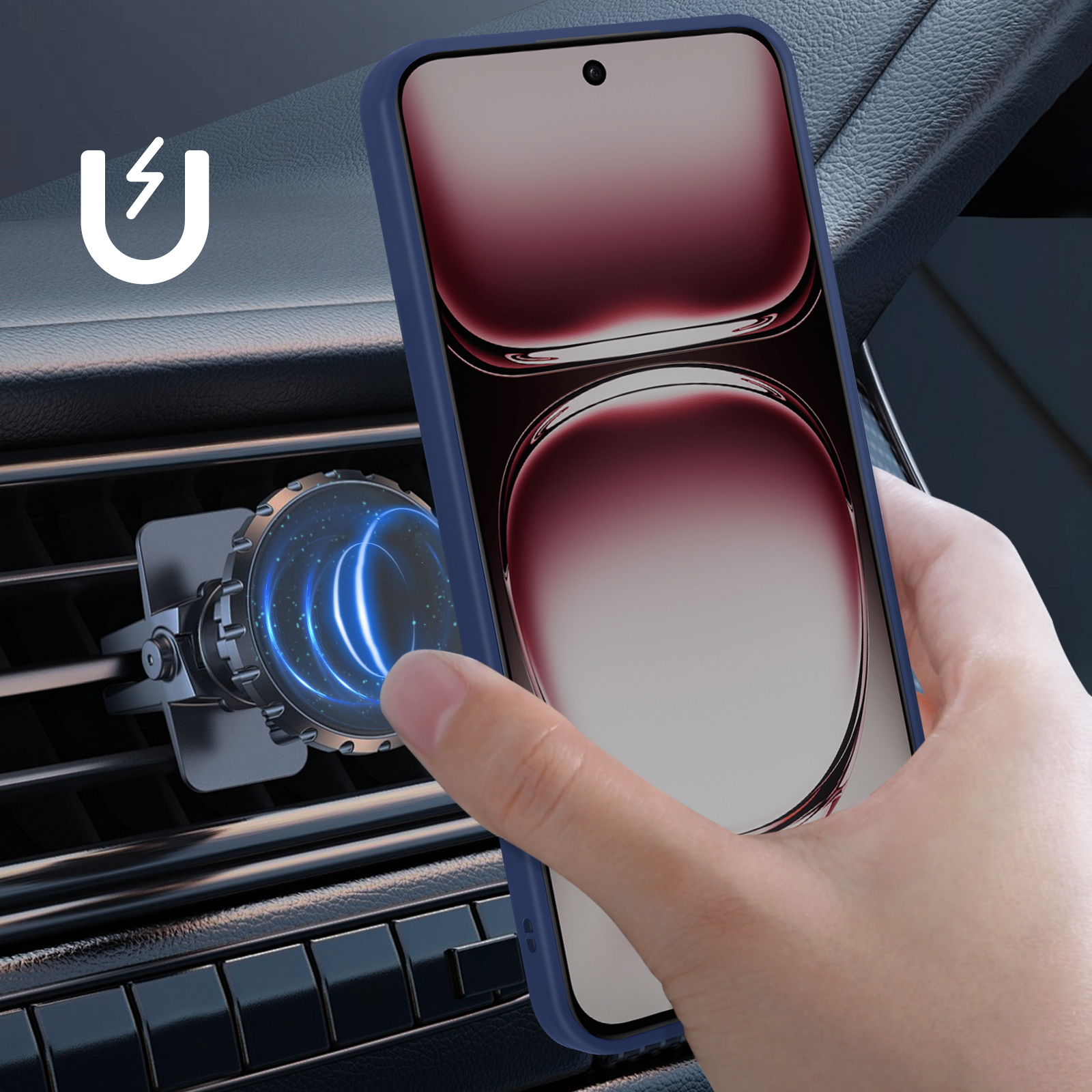 Een hand plaatst een telefoon in een ventilatiehouder van de auto. De telefoon is donkerblauw.