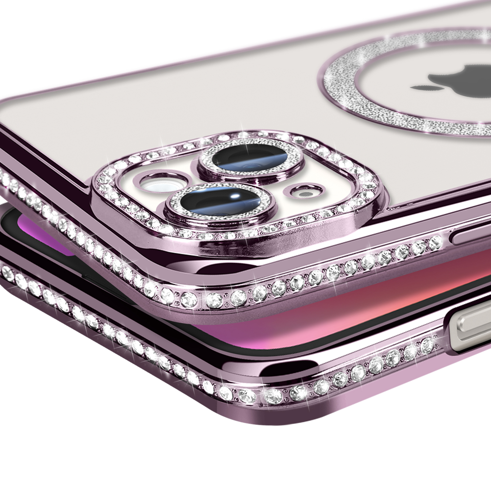 Primo piano di una custodia per telefono con anello decorativo e zona fotocamera impreziosita da strass.