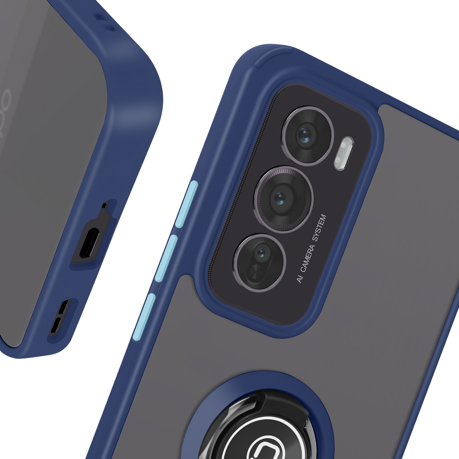 Een blauw en grijs telefoonhoesje met drie cameralenzen en een magnetische ring. De telefoon is niet zichtbaar.