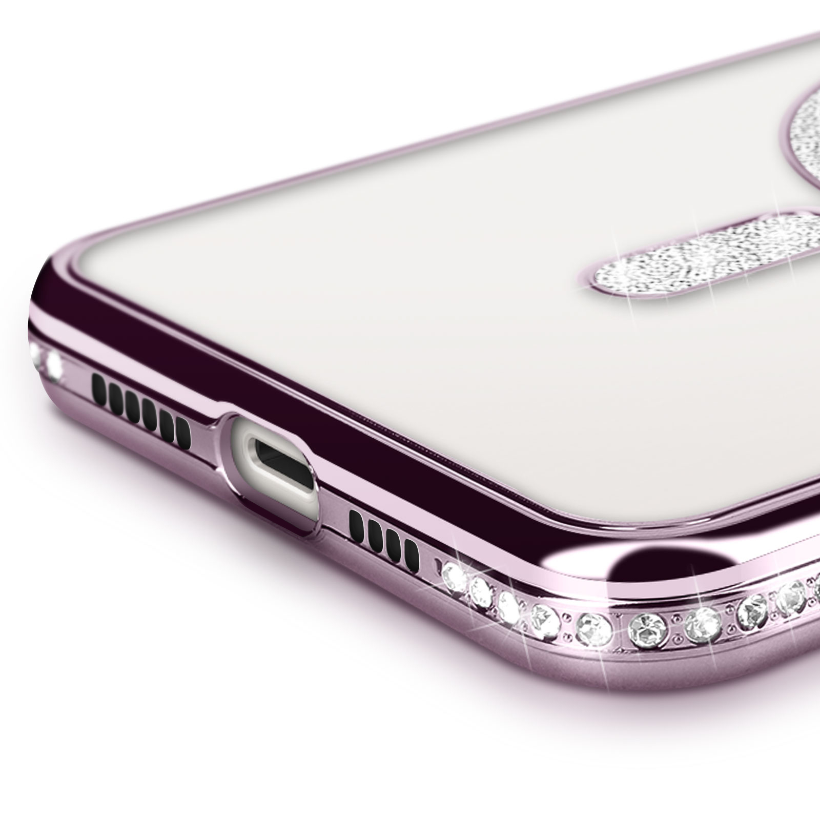 Custodia per telefono con bordi glitterati e design. La custodia è di colore lilla chiaro.