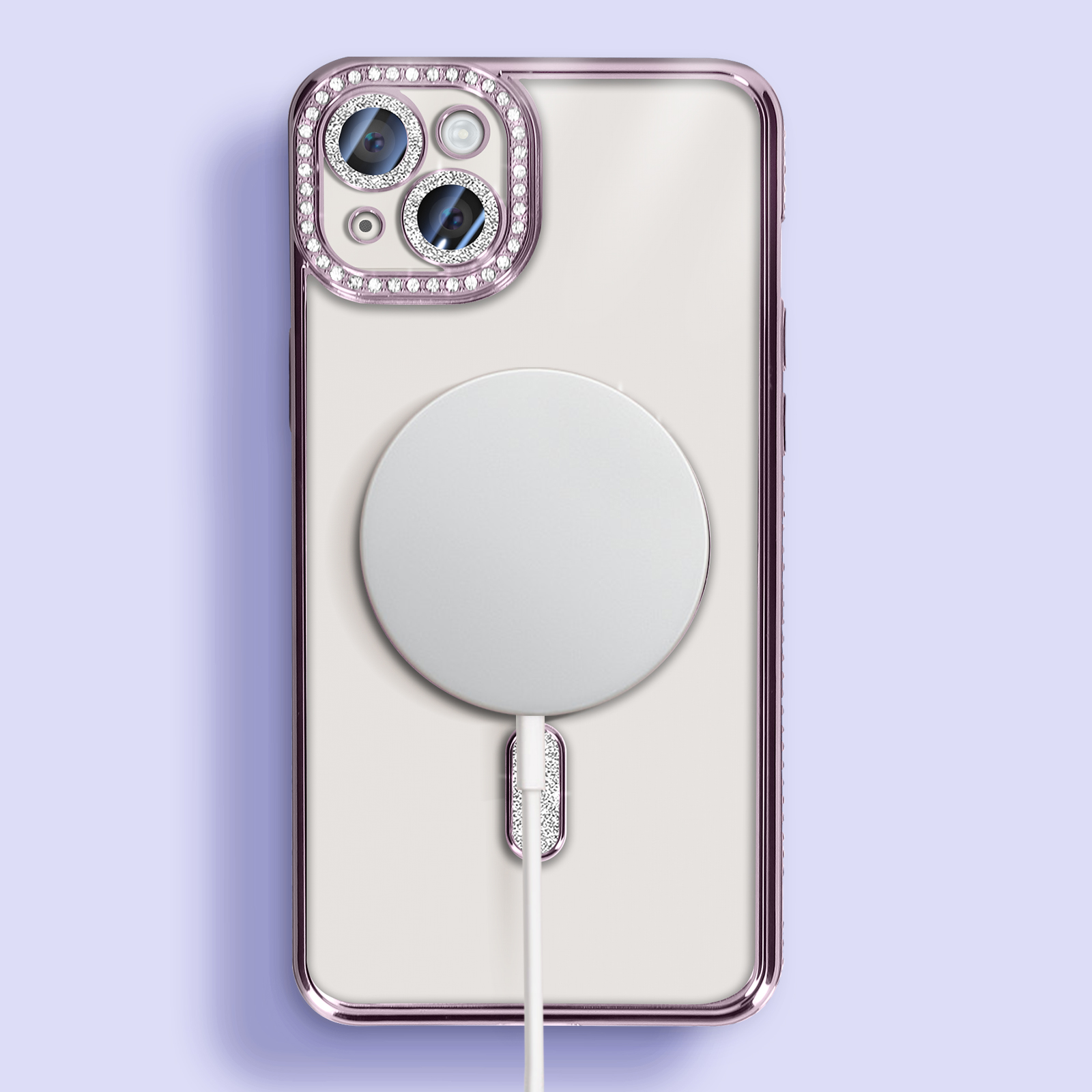 Custodia per telefono con un cerchio bianco e cristalli. Il telefono è bianco con bordo viola.