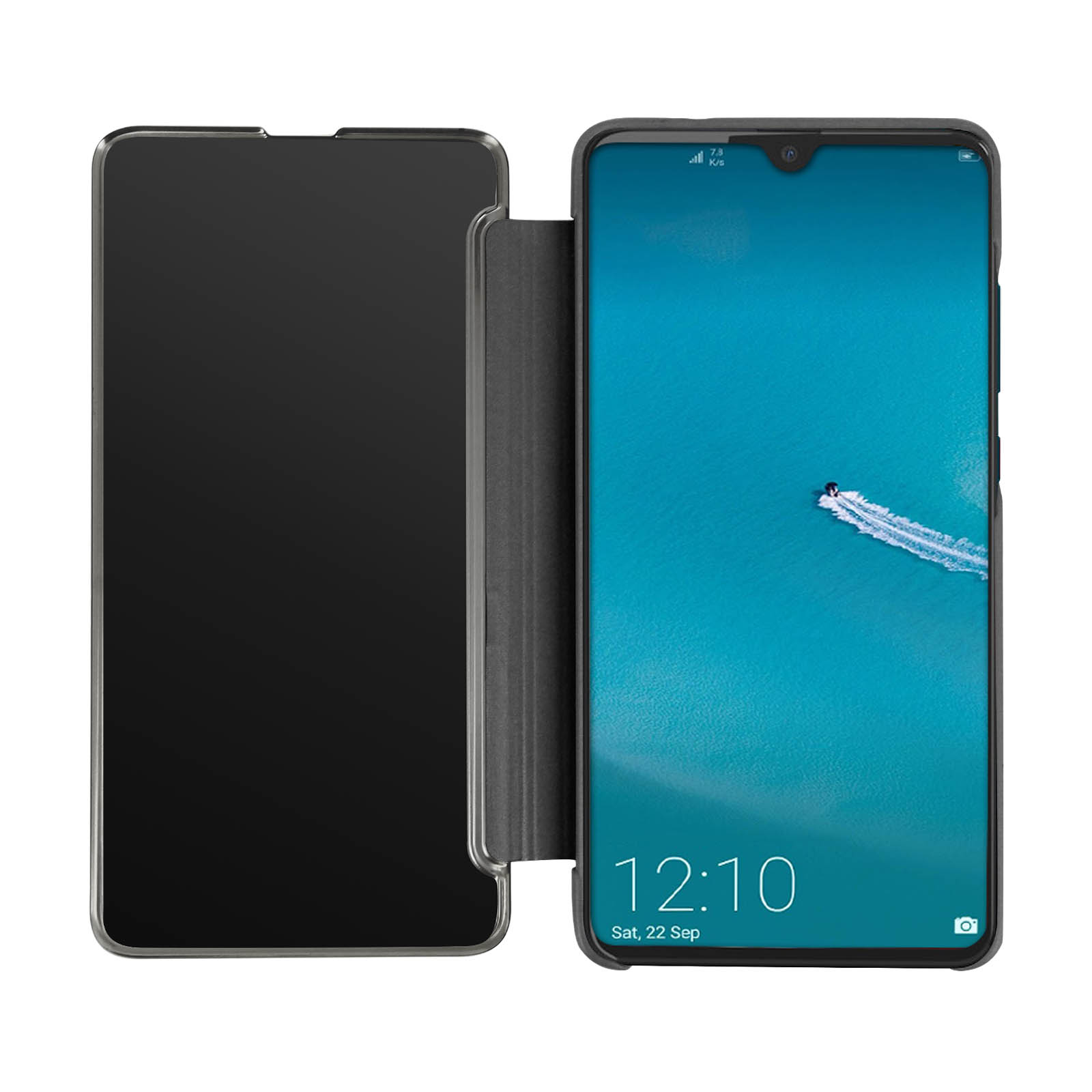 Una custodia per telefono con un lembo aperto che rivela lo schermo del telefono, mostrando una scena d'acqua blu.