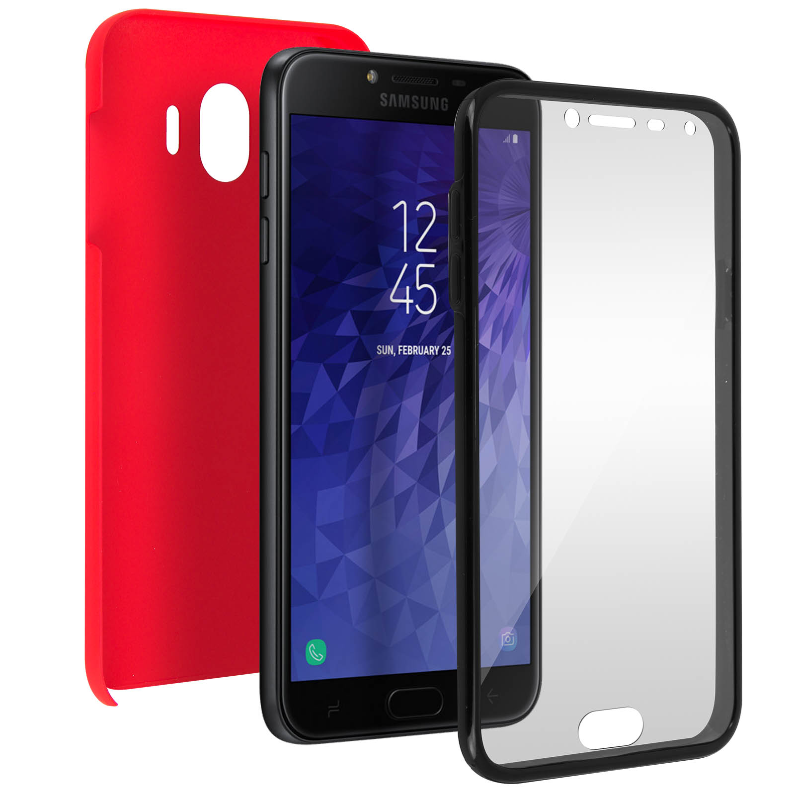 Ein Telefon mit roter Hülle und Displayschutz. Das Telefon hat eine schwarze Hülle.