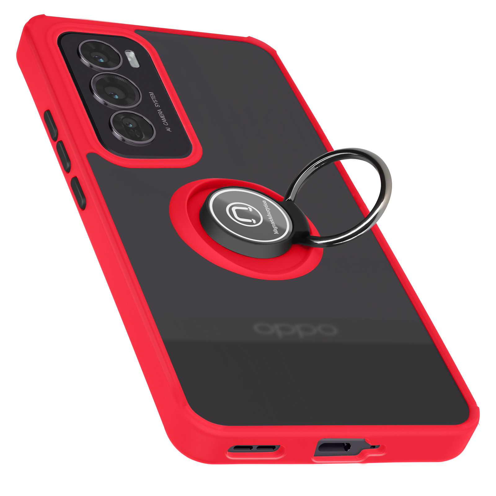 Custodia rossa, retro trasparente con fotocamera e supporto ad anello. Il telefono ha tre obiettivi.