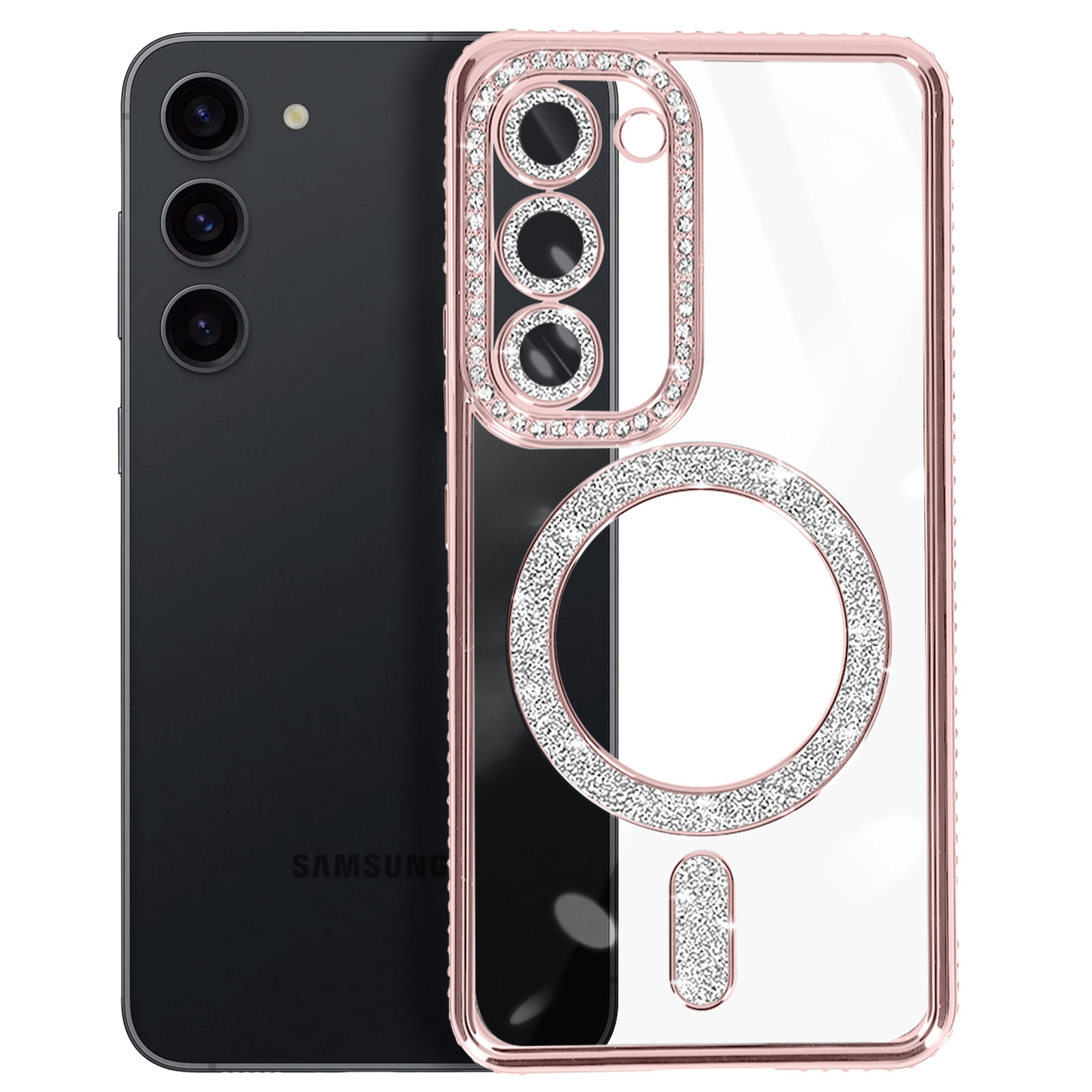 Transparente Handyhülle mit Strasssteinen. Das Telefon hat drei Kameralinsen und einen Ringhalter. Schwarzes Telefon seitlich.