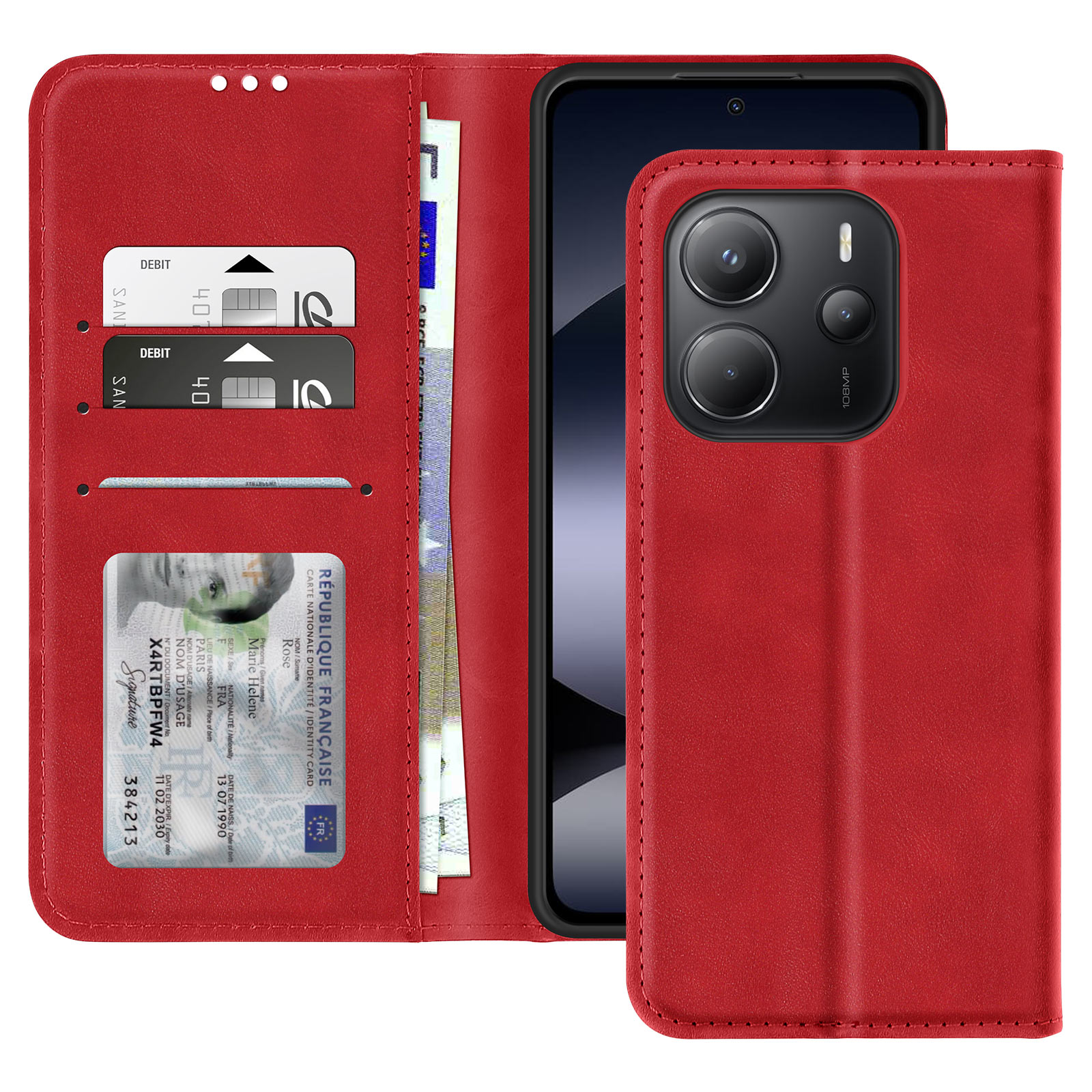 Custodia rossa, con telefono dentro. Carte di credito e ID visibili. Il telefono ha tre fotocamere.