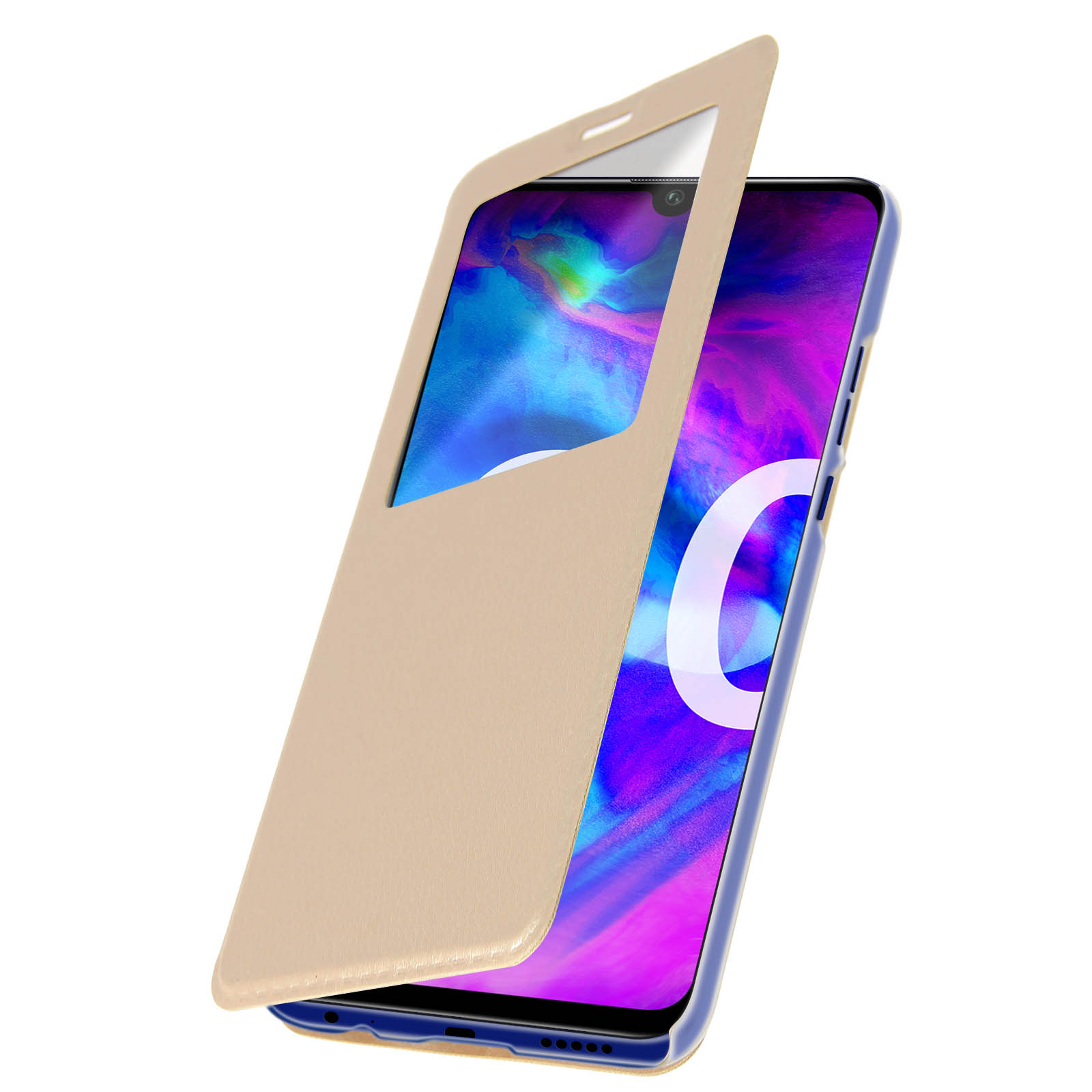 Telefono con custodia aperta, che mostra uno schermo blu e viola. La custodia è beige.