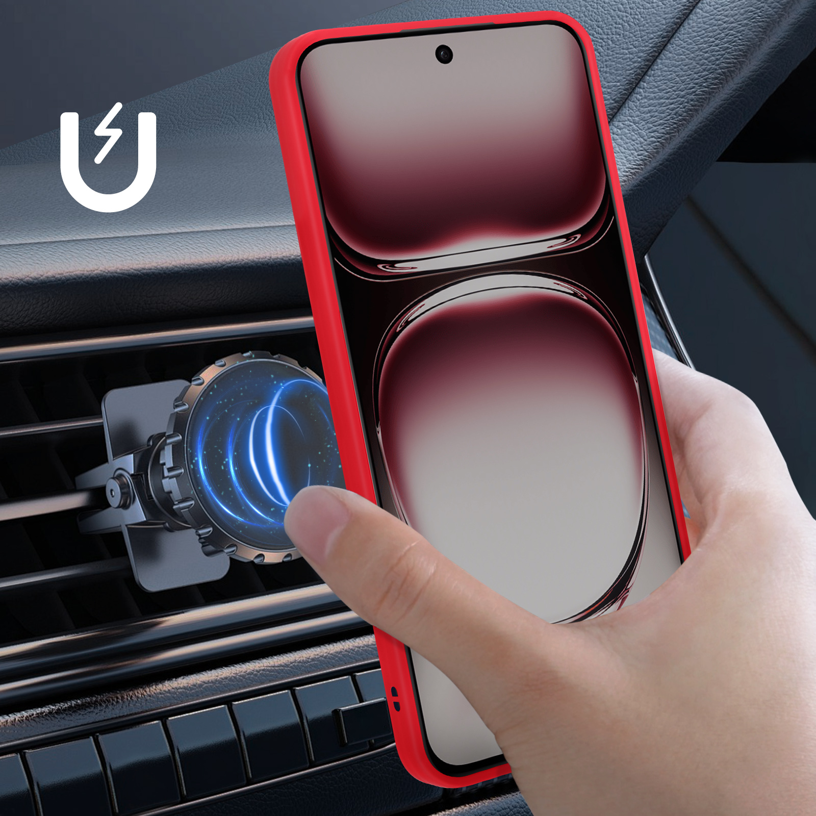 Una mano sta posizionando un telefono in un supporto per bocchetta d'aria dell'auto. Il telefono è rosso.