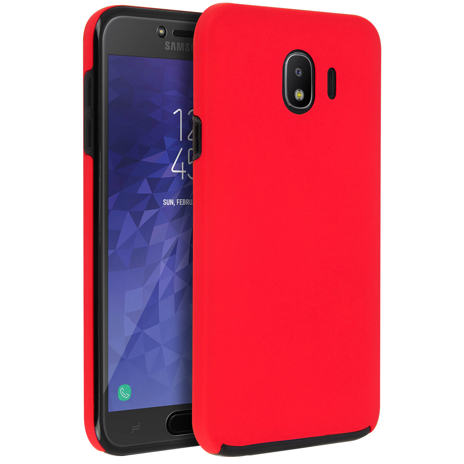 Rote Handyhülle mit Telefon. Die Hülle ist offen. Der Hintergrund ist weiß.