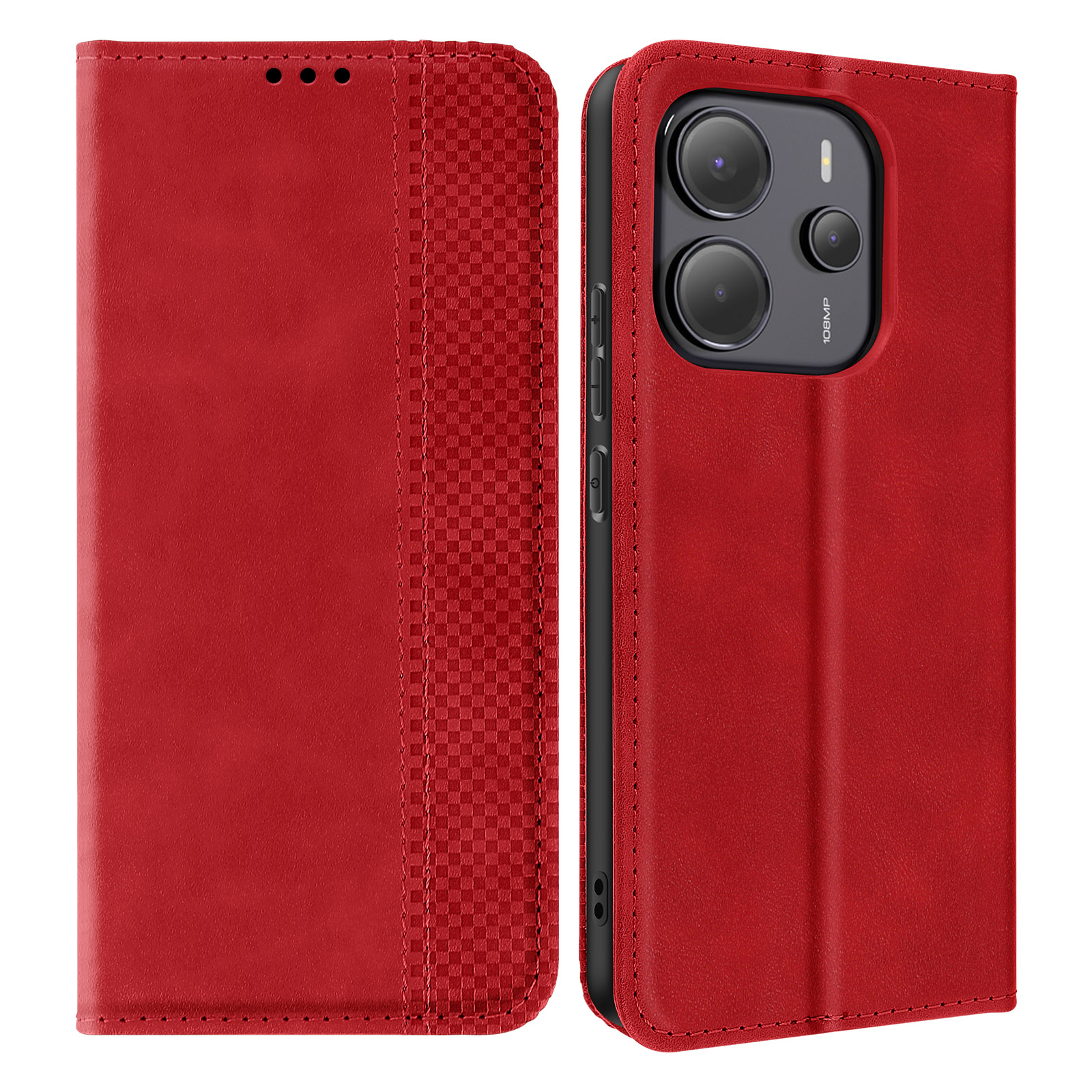 Una custodia per telefono rossa aperta, che mostra un telefono. La custodia ha un motivo a scacchi.