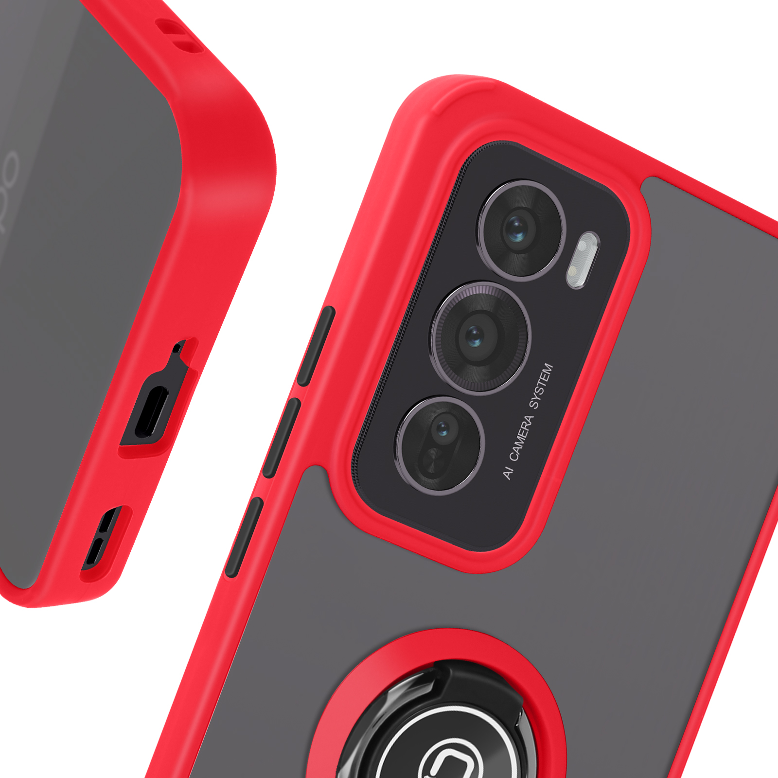 Un telefono con una custodia rossa e una custodia trasparente. La custodia trasparente ha un supporto ad anello.