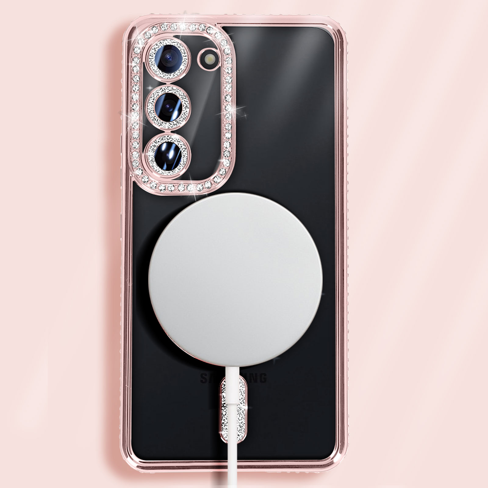 Handyhülle mit weißem Kreis und Kristallen. Das Telefon ist schwarz mit pinkfarbenem Rand.